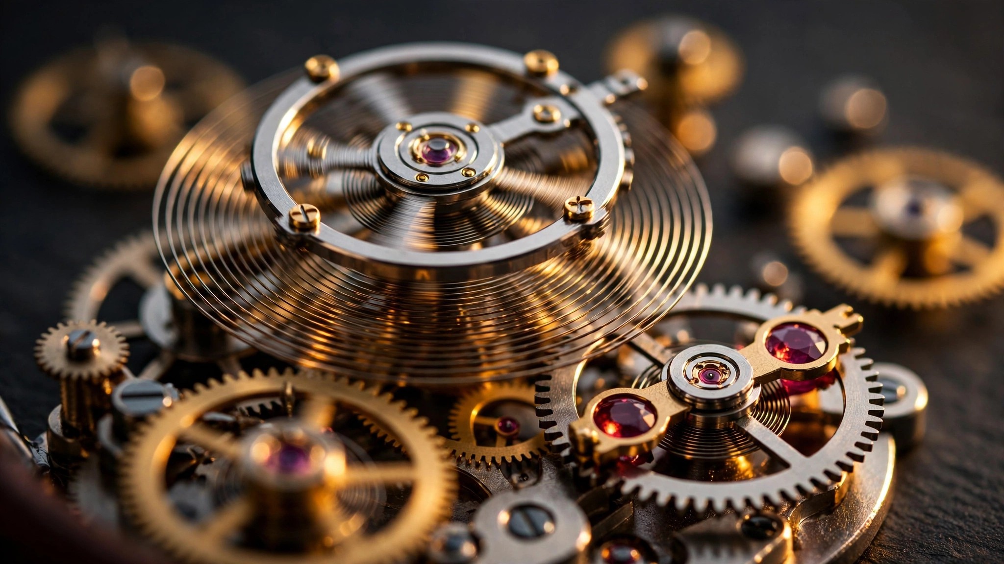 Macro photograph of a watch balance wheel and hairspring with warm amber lighting showing escapement components