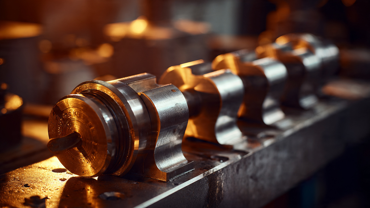 Close-up of a flat-plane crankshaft with crank pins aligned at 180 degrees under warm workshop lighting