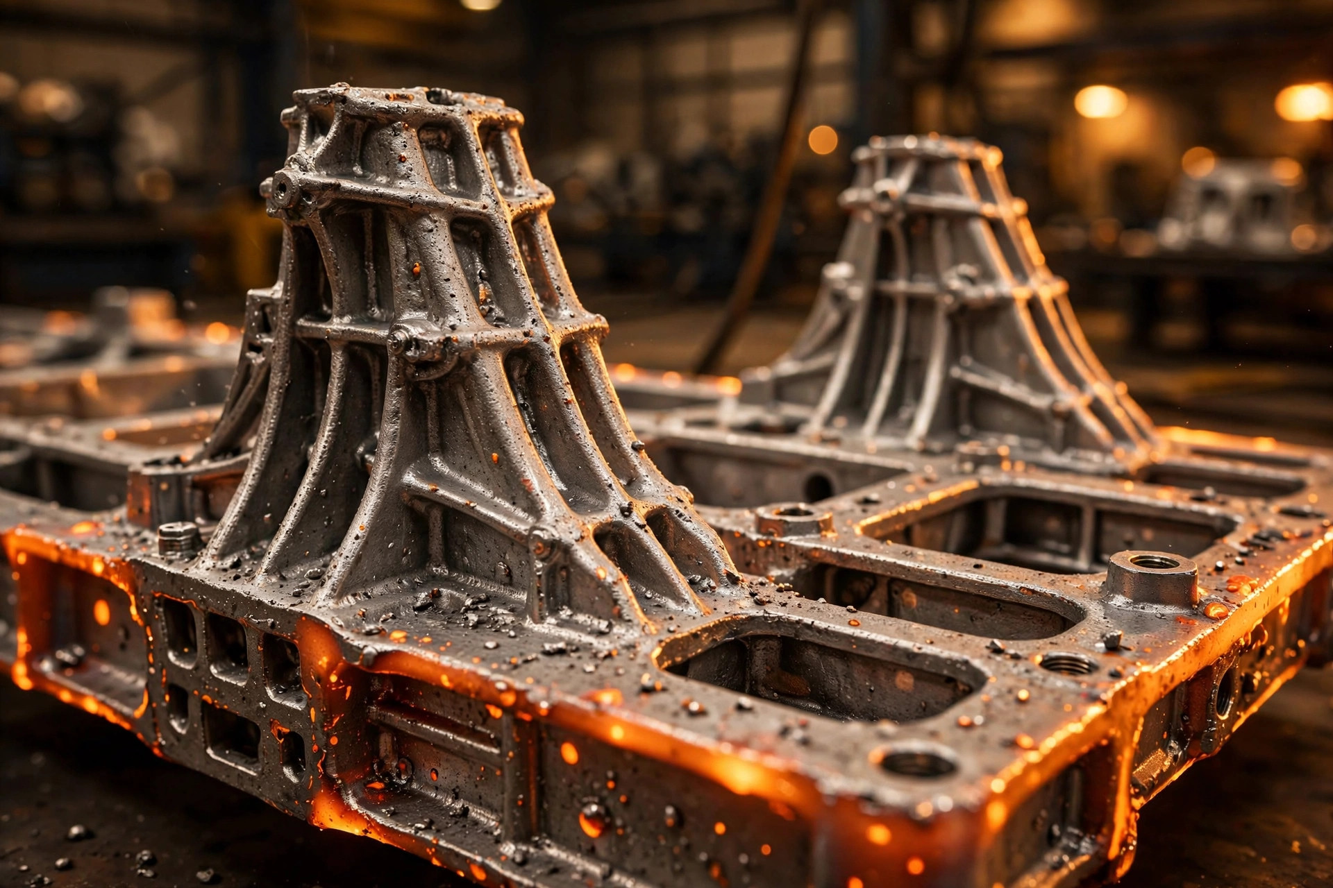 Editorial macro photograph in warm amber light of a massive single-piece aluminum die-cast vehicle front structure with sculpted shock towers and integrated rails, molten-orange glow along its freshly cast edges, factory depth fading behind