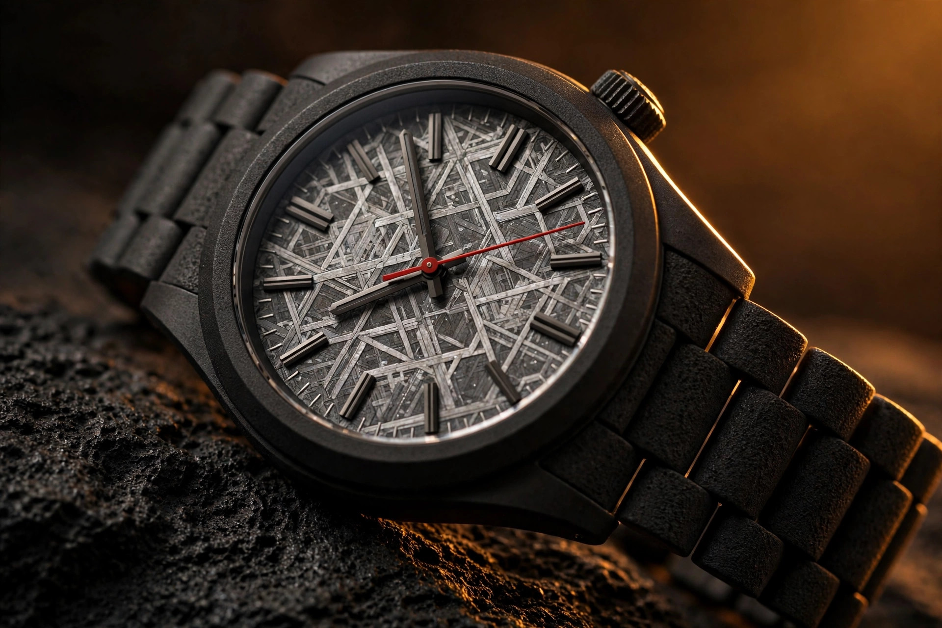 Editorial macro photograph in warm amber light of a matte black ceramic sports watch with a dark meteorite dial, a red seconds hand, and a sandblasted ceramic bracelet