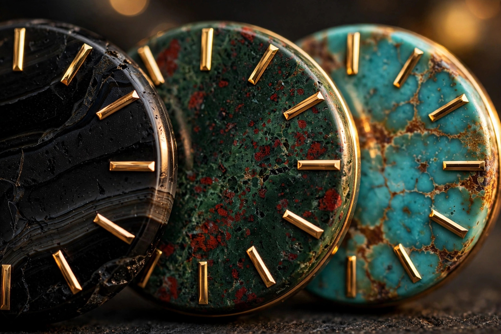 Editorial macro photograph in warm amber light of three luxury watch dials in rare stone: deep black onyx, green heliotrope with red inclusions, and textured turquoise, with polished applied indices catching highlights