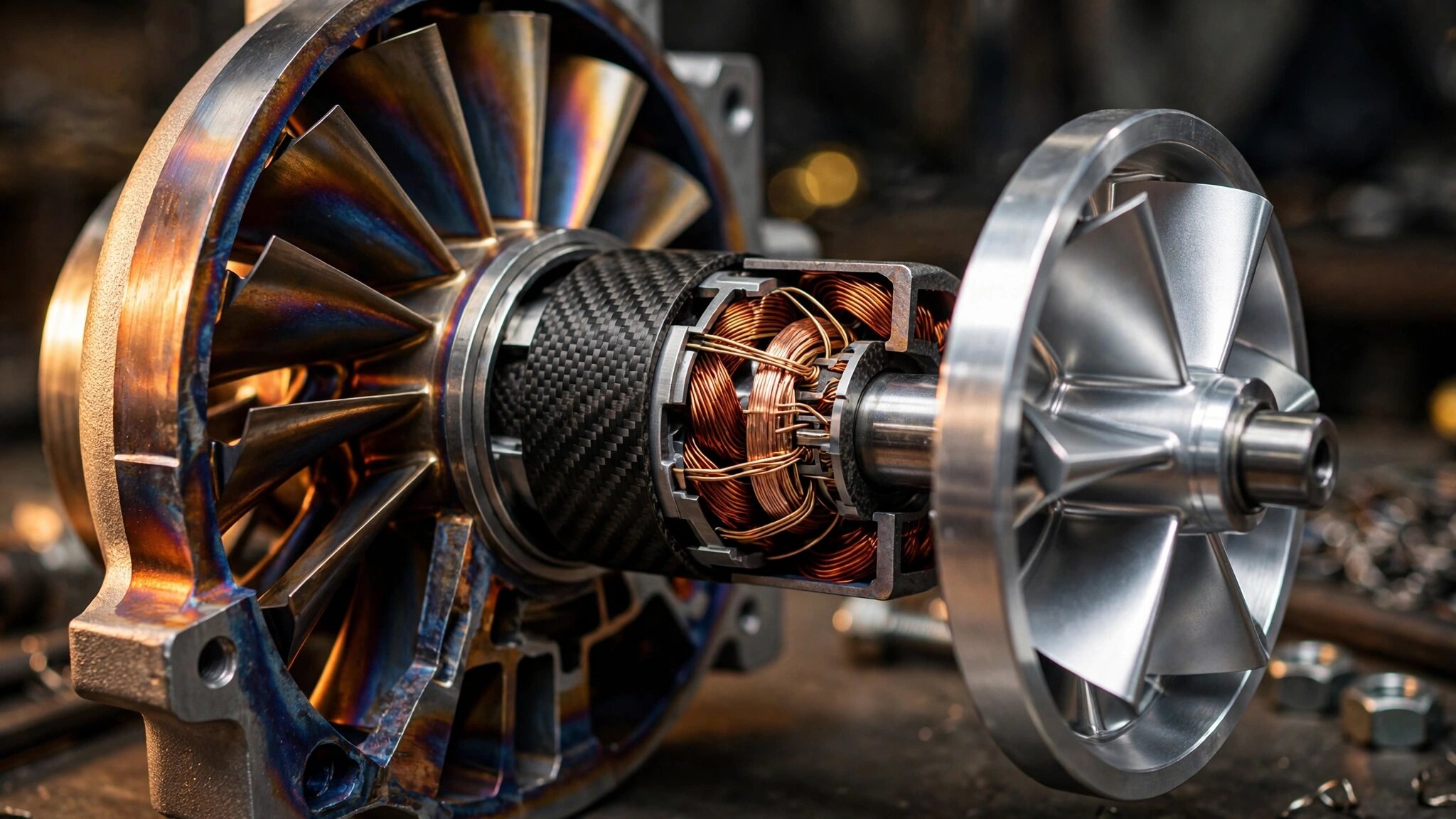 Cutaway macro photograph of a Garrett E-Turbo showing the integrated electric motor between the turbine and compressor wheels on the turbocharger shaft