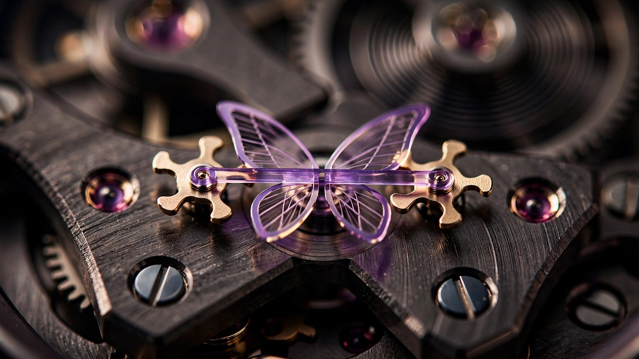 Macro photograph of the Girard-Perregaux Neo Constant Escapement movement showing the purple silicon bistable blade spanning between twin escape wheels