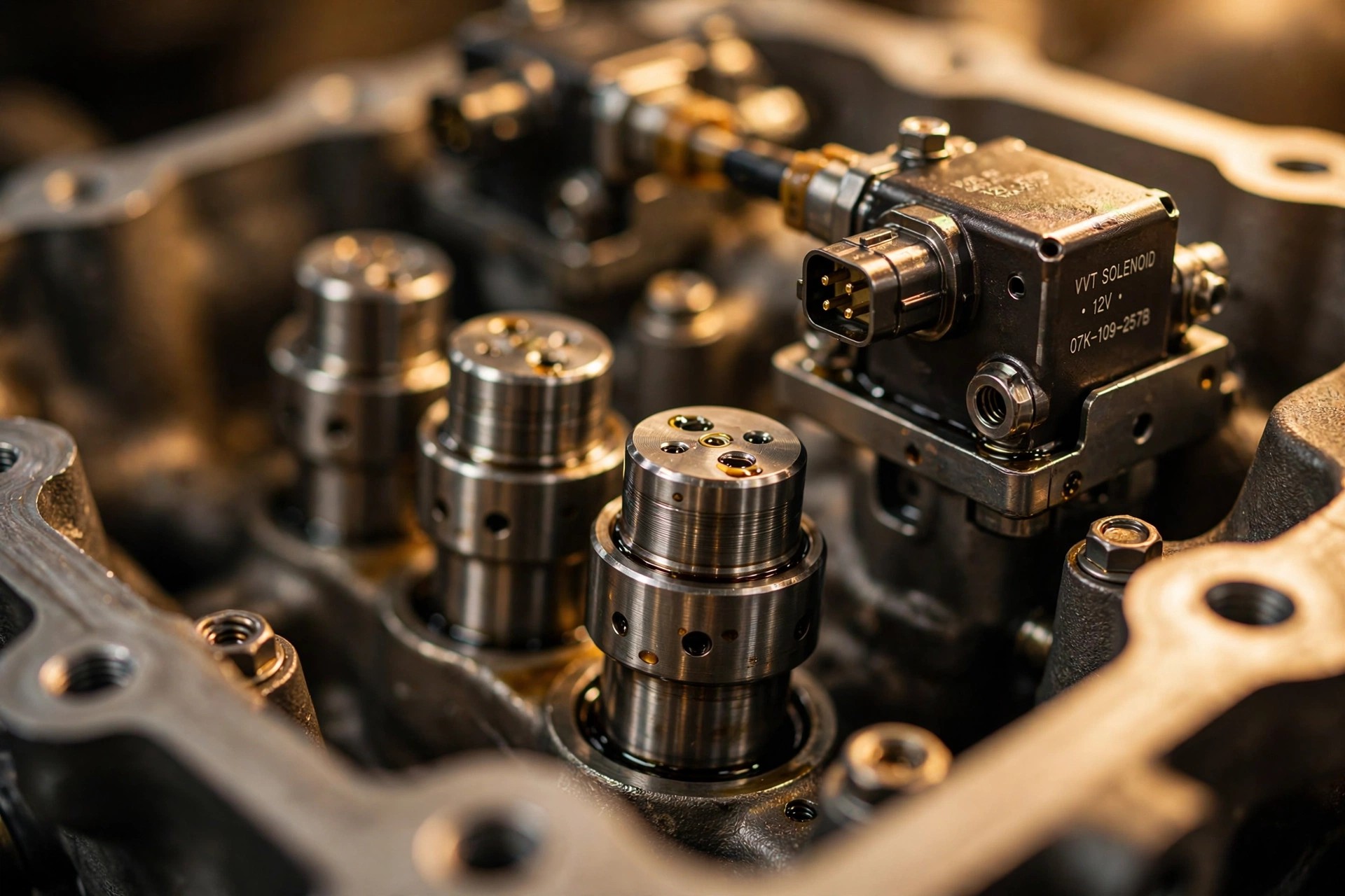 Close-up macro photograph of a hydraulic valve lifter assembly showing the locking pin mechanism and oil control solenoid under warm workshop lighting