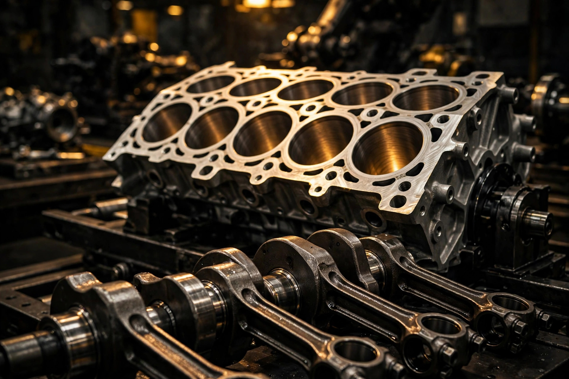 Macro photograph of a V8 engine block on an assembly line, machined cylinder bores catching warm amber factory light, forged crankshaft visible in the foreground