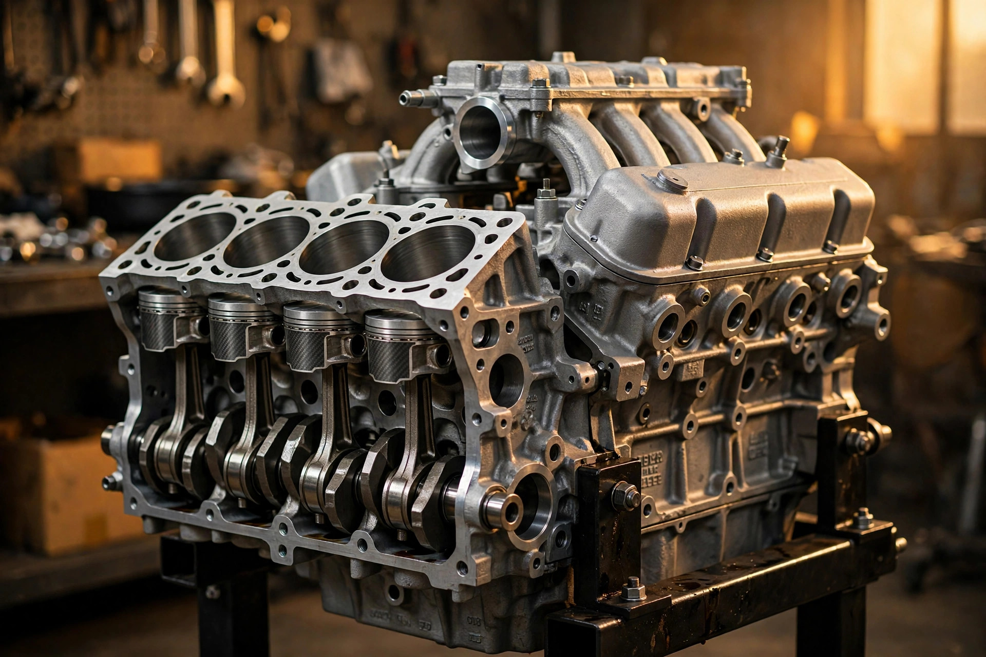 Editorial macro photograph of an American pushrod V8 engine on an assembly stand in warm amber workshop light, one cylinder head removed to reveal forged pistons, connecting rods, and crankshaft, with intake runners and valve covers behind