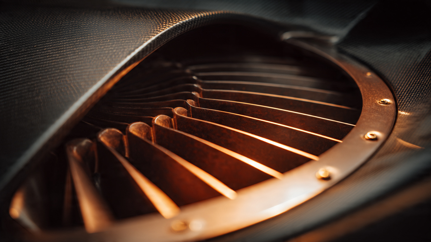 Macro photograph of a carbon fiber aerodynamic fan assembly mounted in a rear diffuser housing, warm directional lighting revealing fan blade geometry and carbon weave texture
