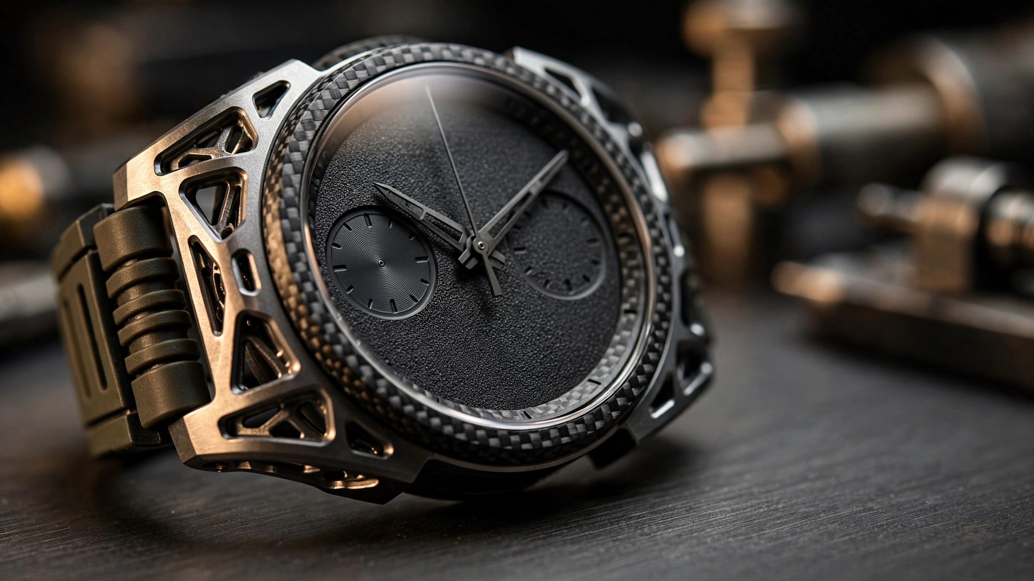Close-up of a G-Shock Gravitymaster GWR-B3000 showing topology-optimized metal injection molded outer case protectors and microfabricated matte dial