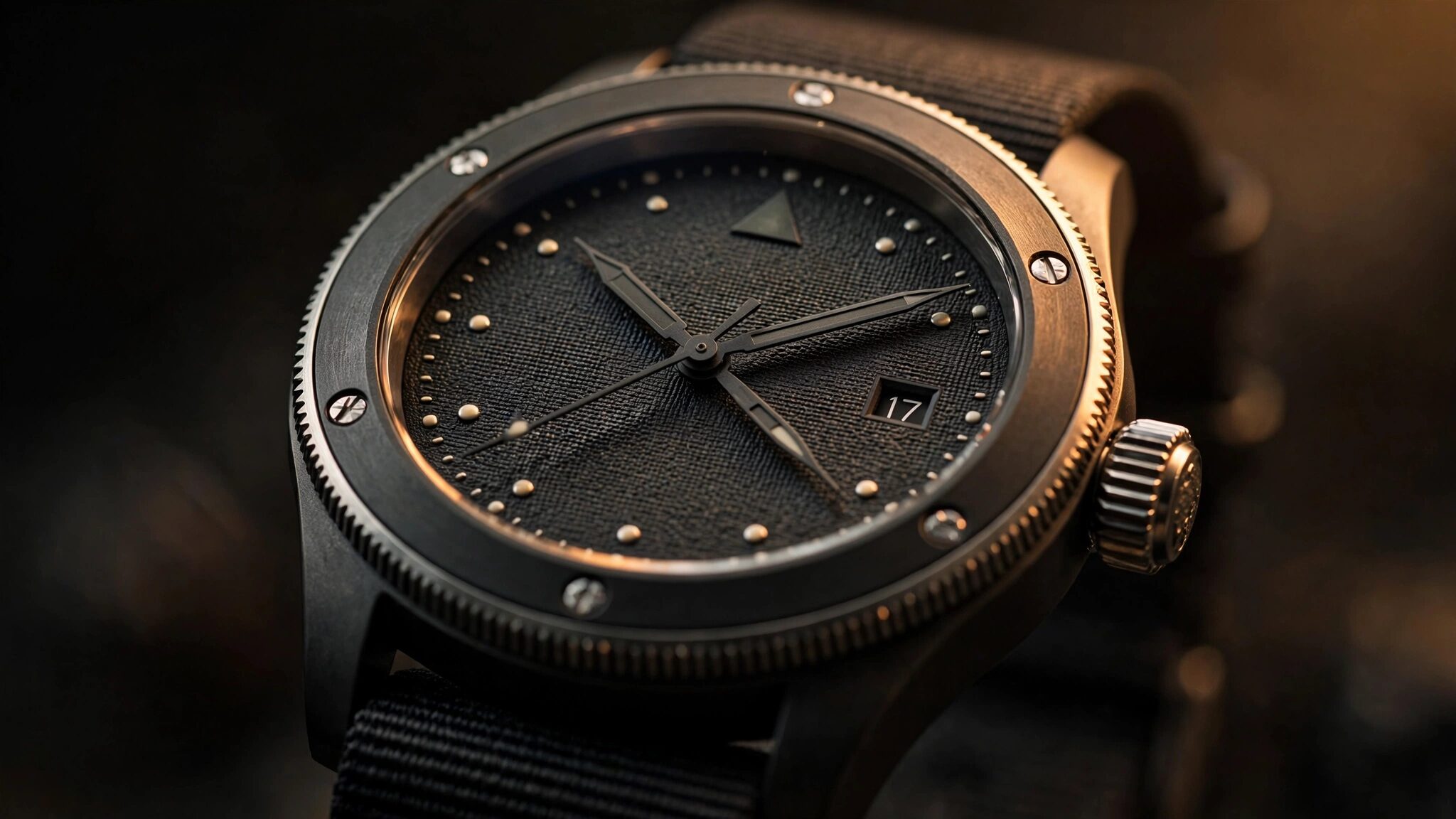 Close-up macro photograph of a dark matte-black pilot watch with textured dial surface and metal bezel components under warm studio lighting