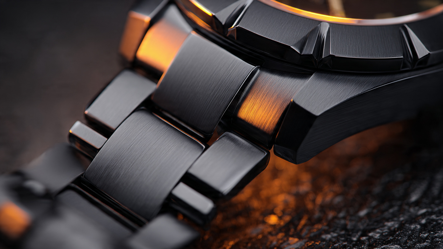 Close-up of a black DLC-coated titanium G-Shock MR-G B5000 watch case showing brushed and polished facets under warm workshop lighting
