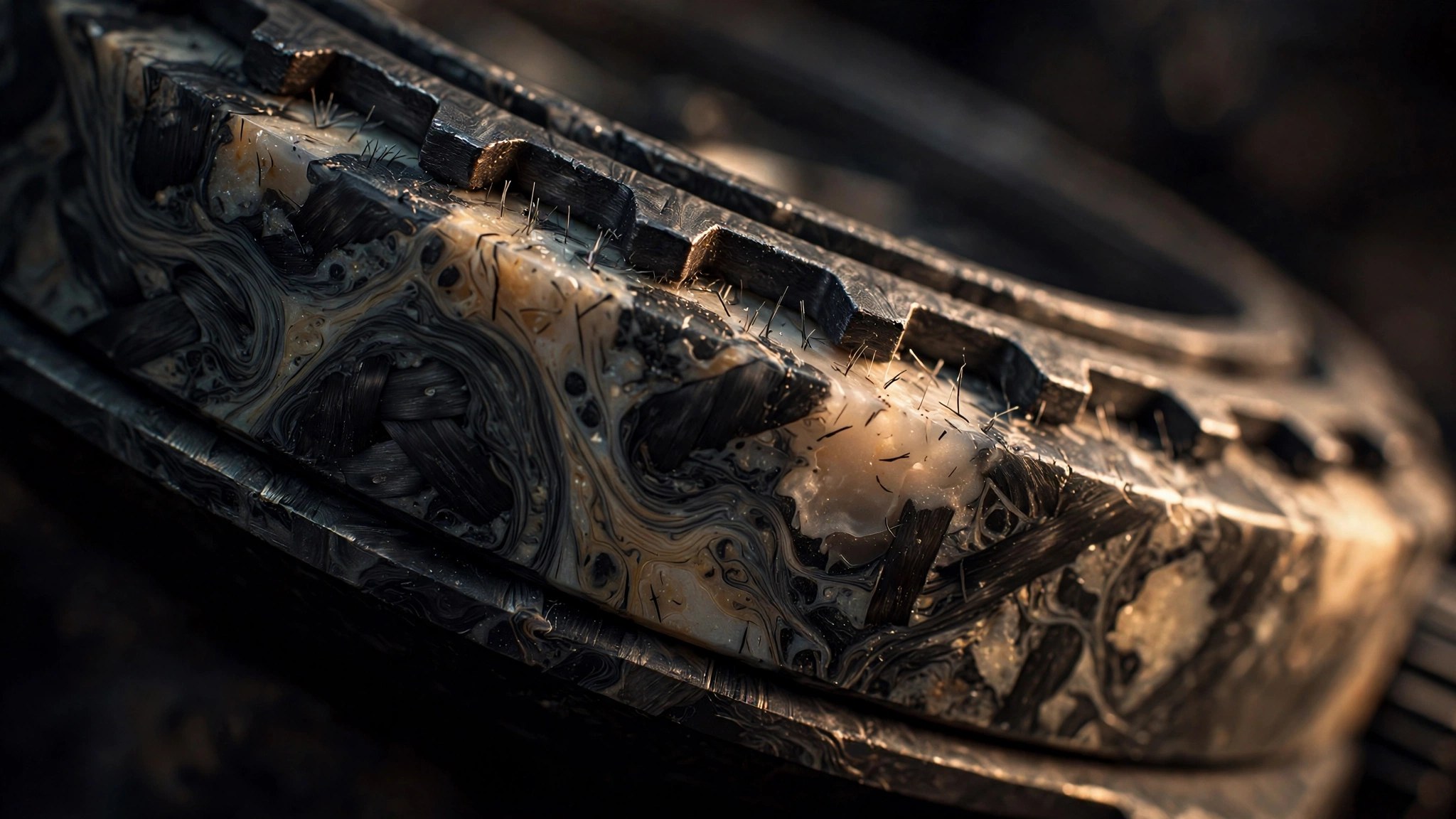Macro photograph of a G-Shock Mudmaster GWG-2000 bezel showing the marble-like swirl pattern of forged carbon composite, warm directional lighting revealing fiber texture in the resin matrix