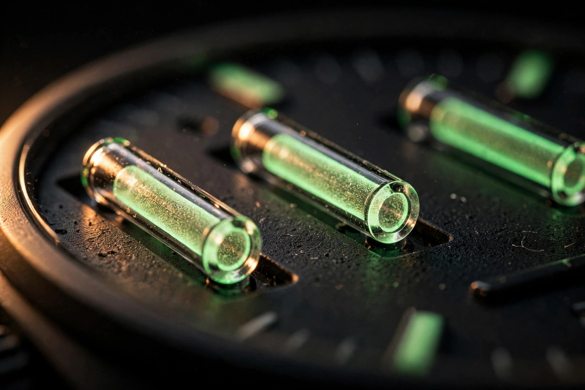Macro photograph of glowing green tritium gas tubes set into a dark watch dial