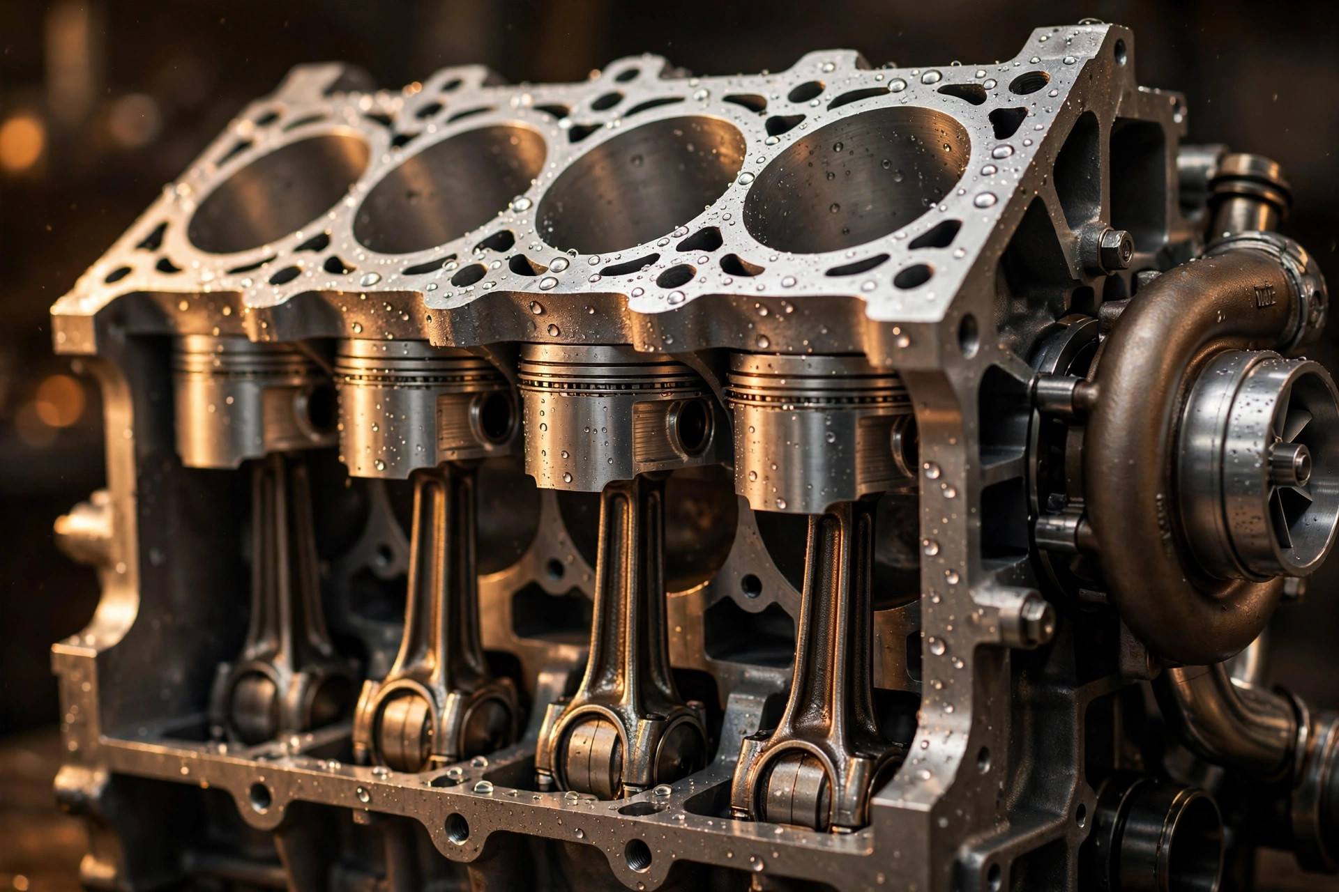 Editorial macro photograph of a cutaway turbocharged four-cylinder engine with water droplets beading on machined aluminum surfaces, warm amber studio lighting