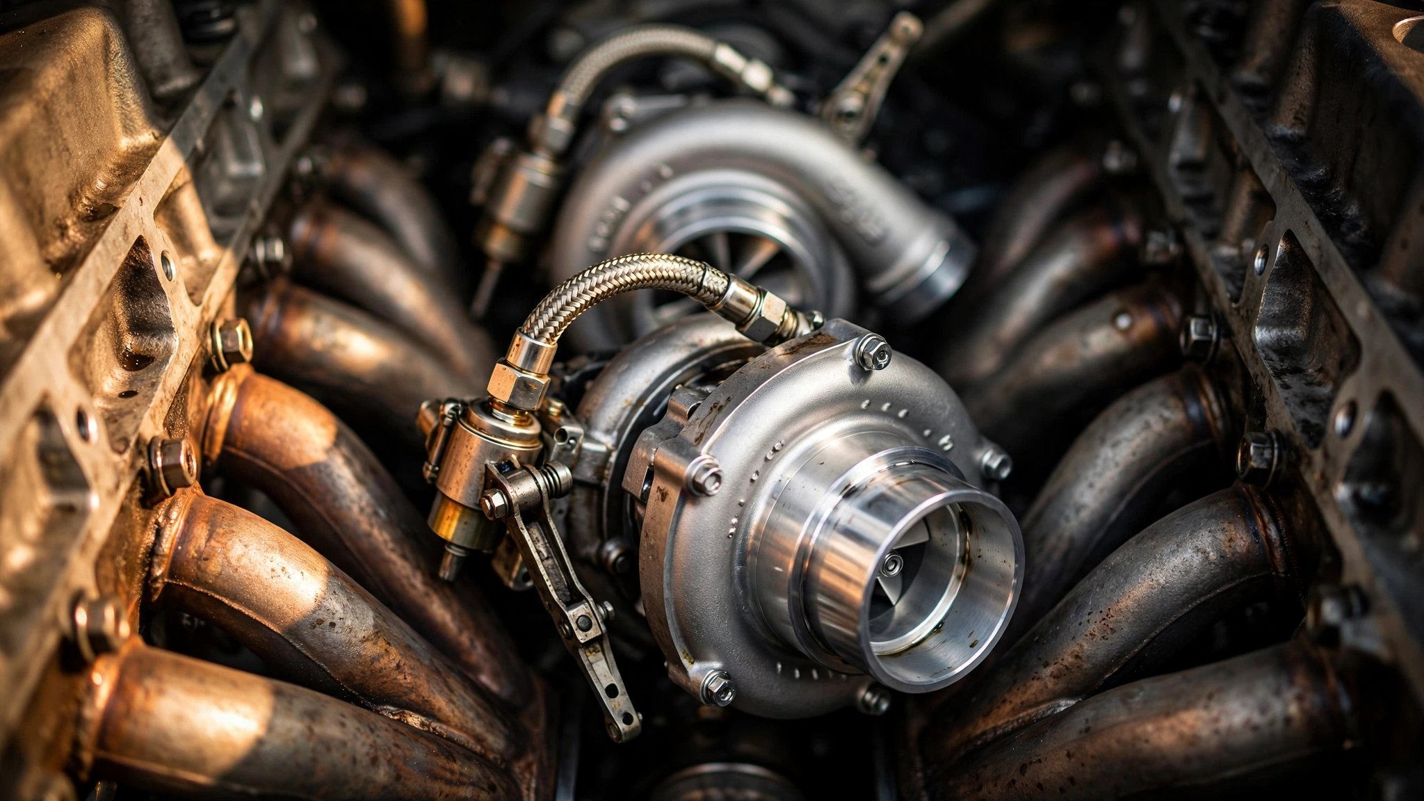 Macro photograph of twin turbochargers nestled between V8 cylinder banks, showing the exhaust manifold runners, wastegate actuators, and turbo compressor housings under warm workshop lighting