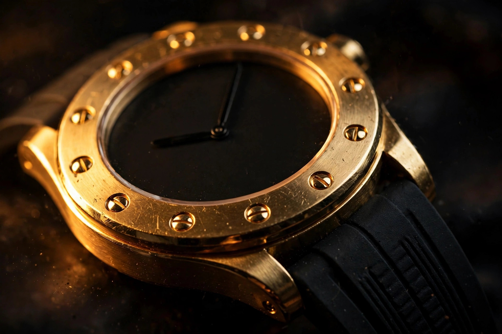 Editorial macro photograph in warm amber light of a gold watch case with twelve polished bezel screws around a porthole-style bezel, black rubber strap attached to exposed lugs, warm light catching the polished and satin-finished gold surfaces against a dark background