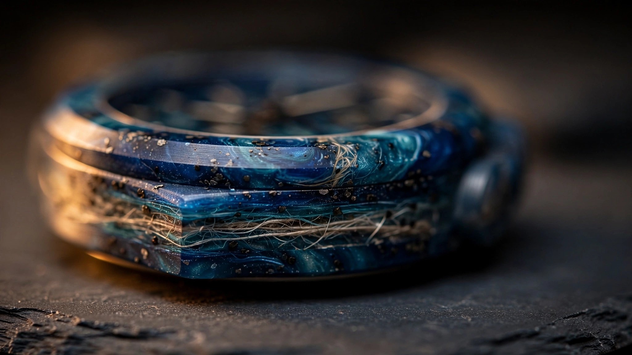 Macro close-up of a blue and black marbled composite watch case showing embedded textile fiber fragments under warm directional studio lighting
