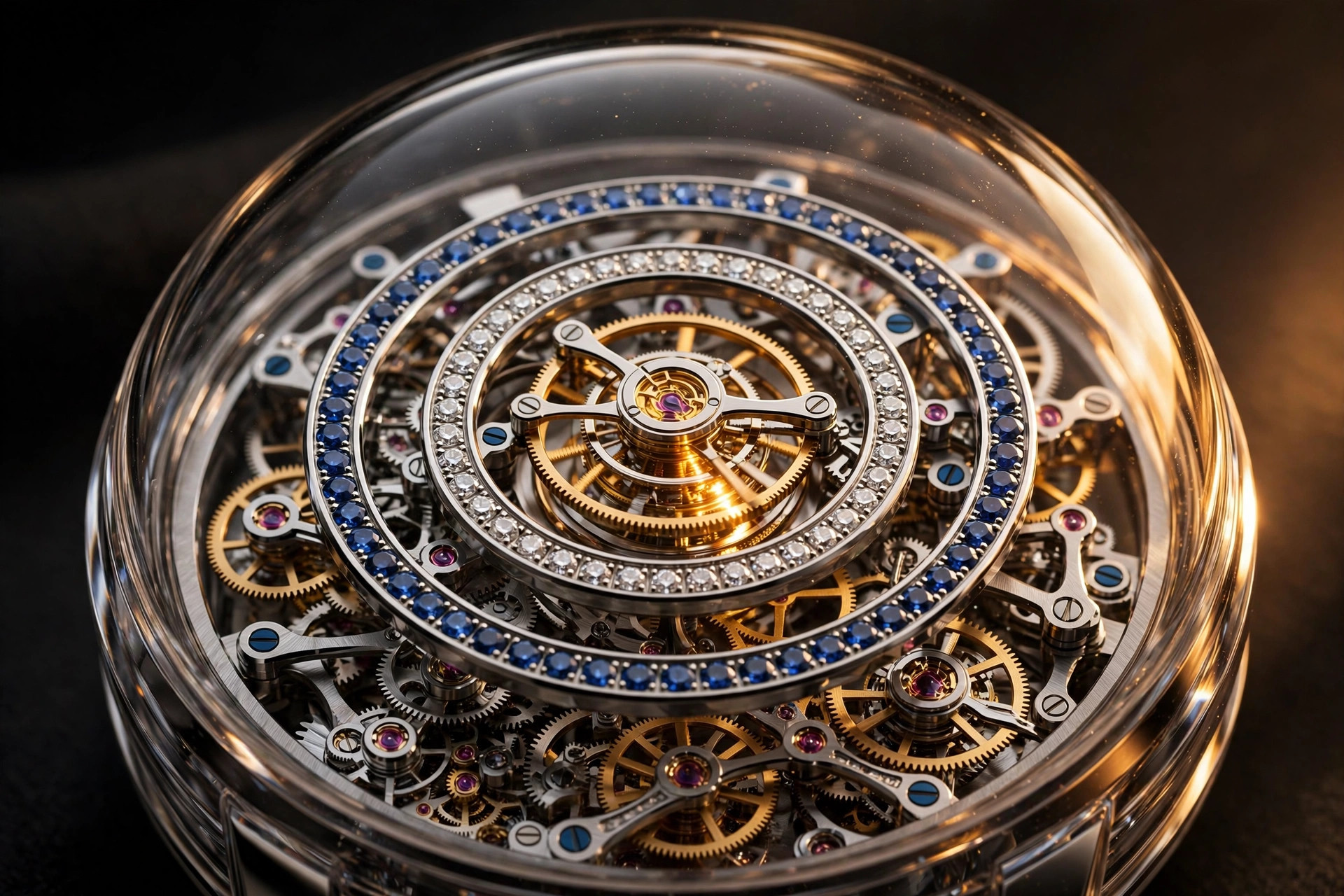 Editorial macro photograph of a transparent sapphire-cased tourbillon watch with a central tourbillon cage and concentric diamond and blue sapphire rings, warm amber studio lighting