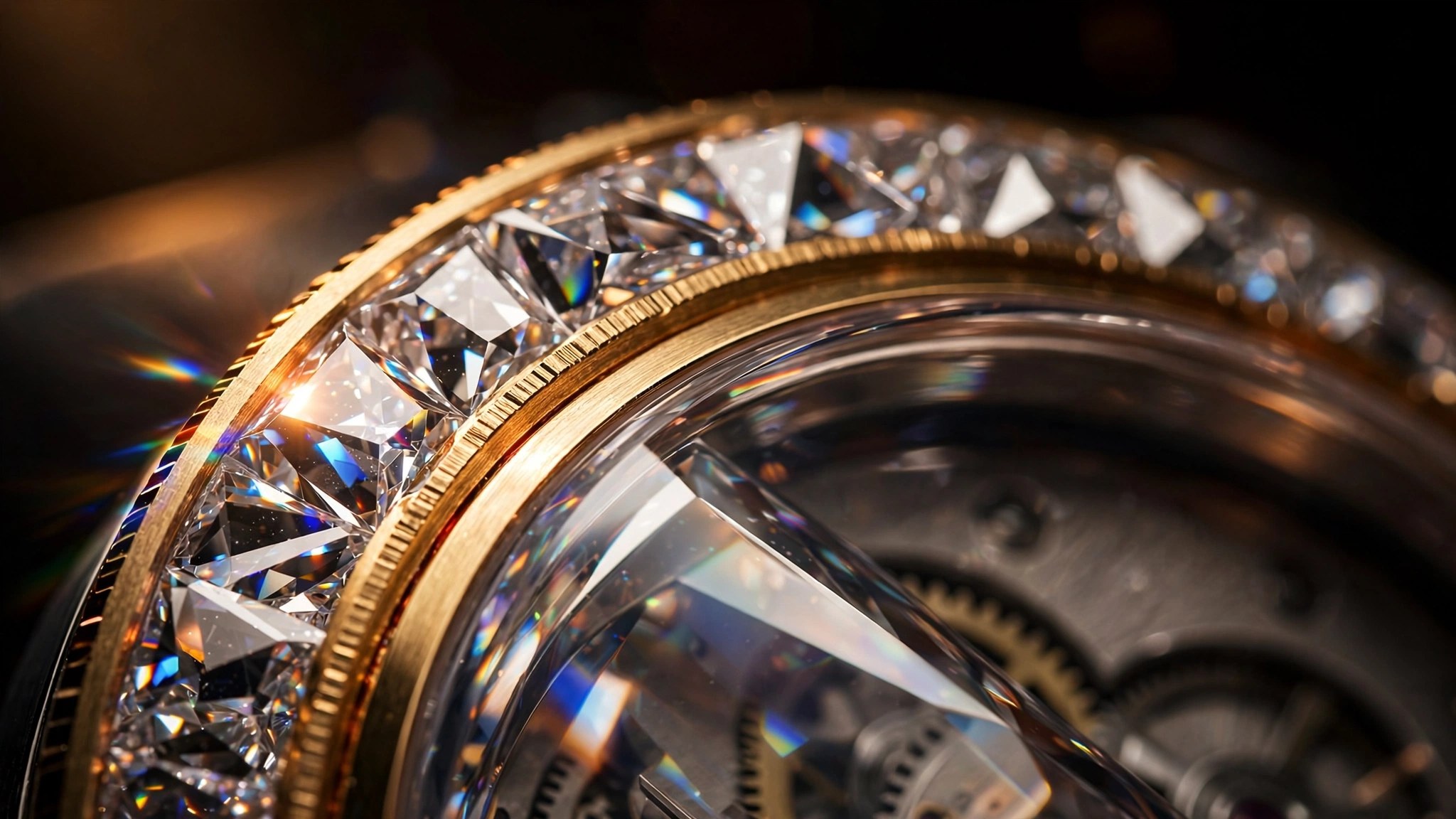 Macro close-up of fancy-cut diamonds embedded within a transparent sapphire watch case, refracting warm studio light against polished gold channel framing