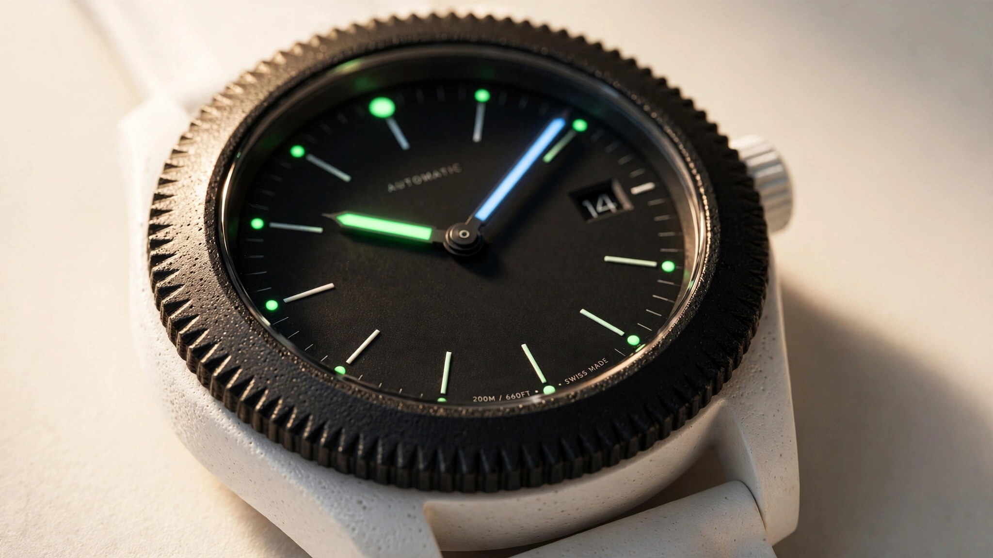 Macro photograph of a white ceramic watch case with matte black dial and ridged bezel, warm directional lighting revealing the ceramic grain structure and Ceratanium bezel texture