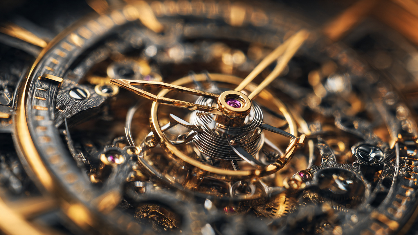 Close-up macro photograph of a multi-axis tourbillon mechanism with concentric titanium cages and balance wheel under warm directional lighting