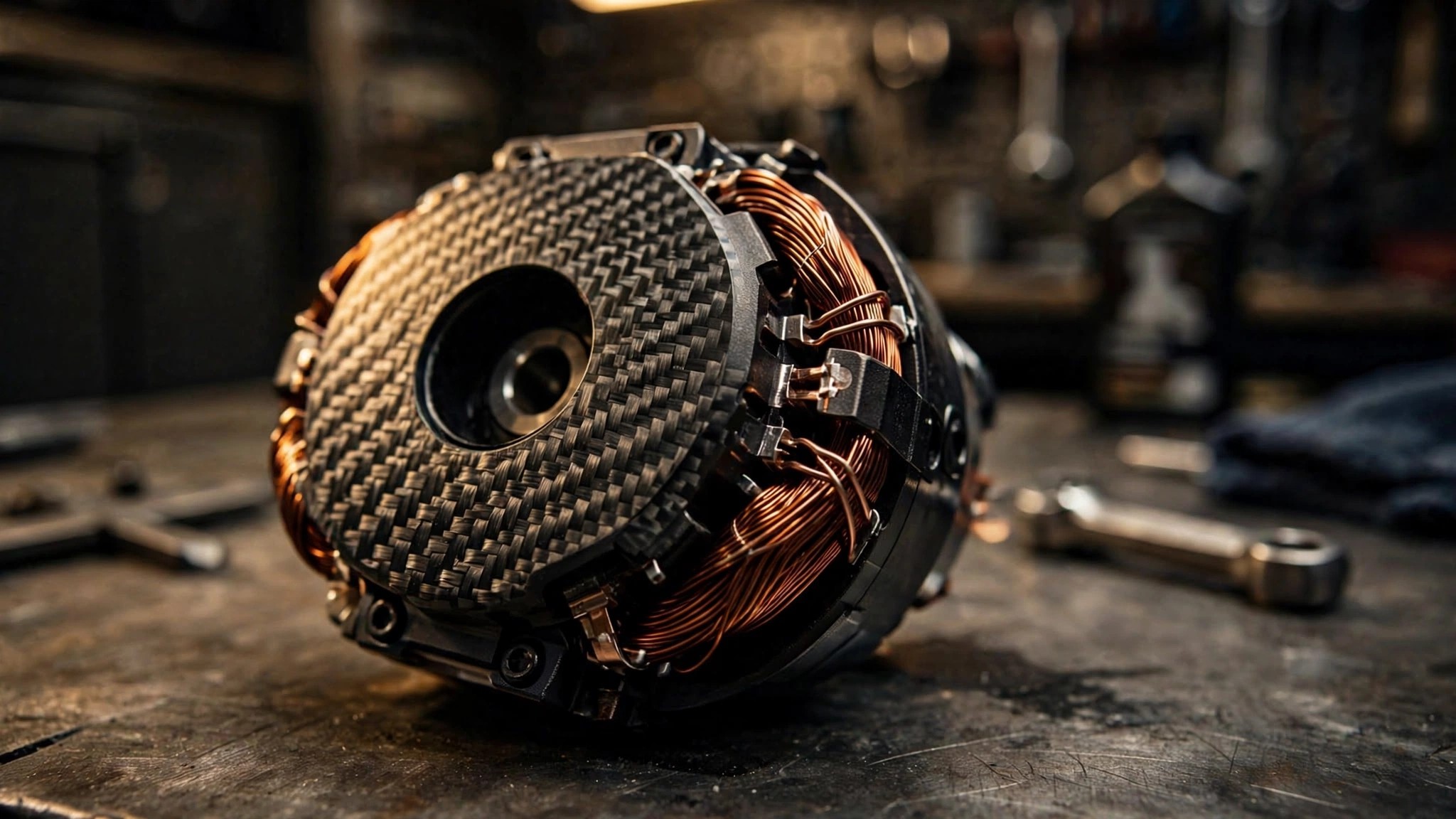 Close-up of a compact disc-shaped electric motor with carbon fiber housing and copper winding terminations in warm workshop lighting