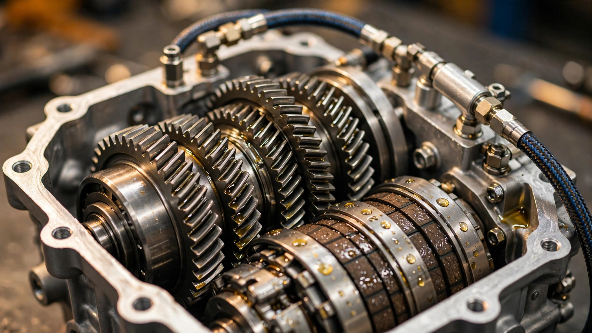 Close-up of a multi-clutch automotive transmission showing precision gear shafts and wet clutch packs