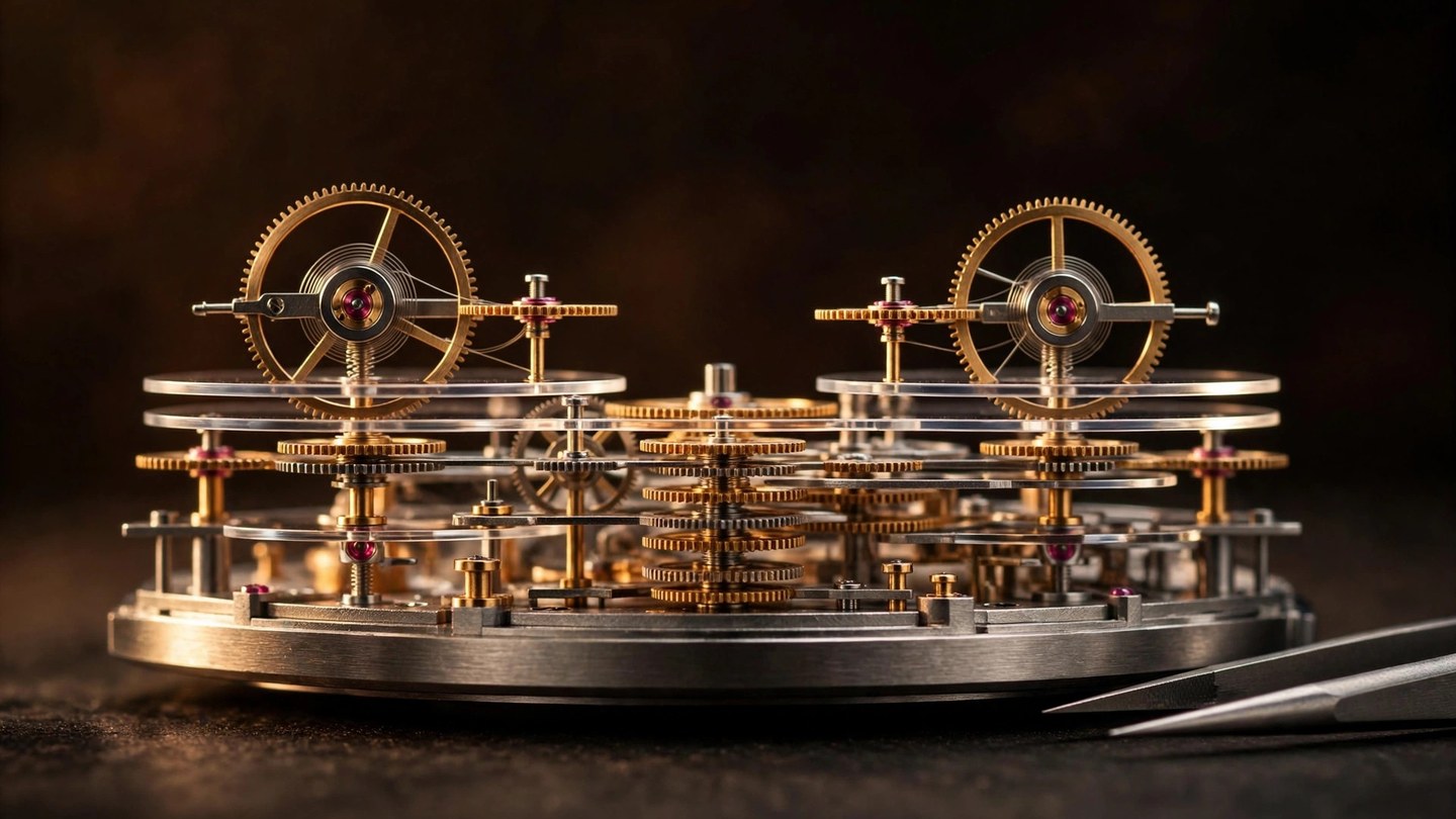 Editorial macro photograph of an impossibly thin mechanical watch movement in profile, dual balance wheels and sapphire discs visible, warm directional studio lighting on brushed steel