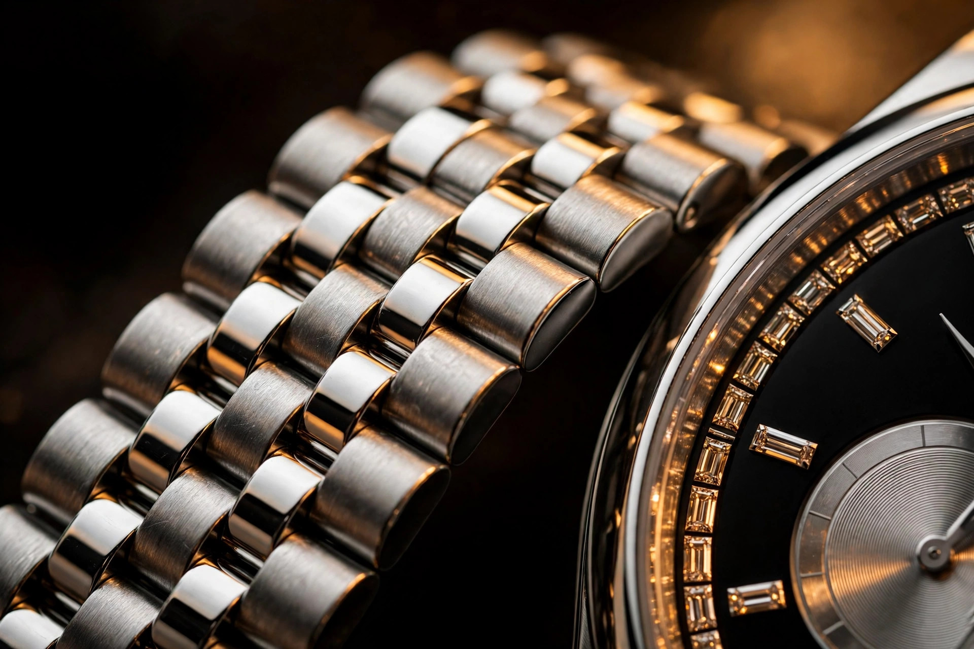 Editorial macro photograph in warm amber light of a five-row polished platinum watch bracelet with alternating brushed and polished links, beside a black watch dial edge with baguette-cut diamond hour markers catching warm light