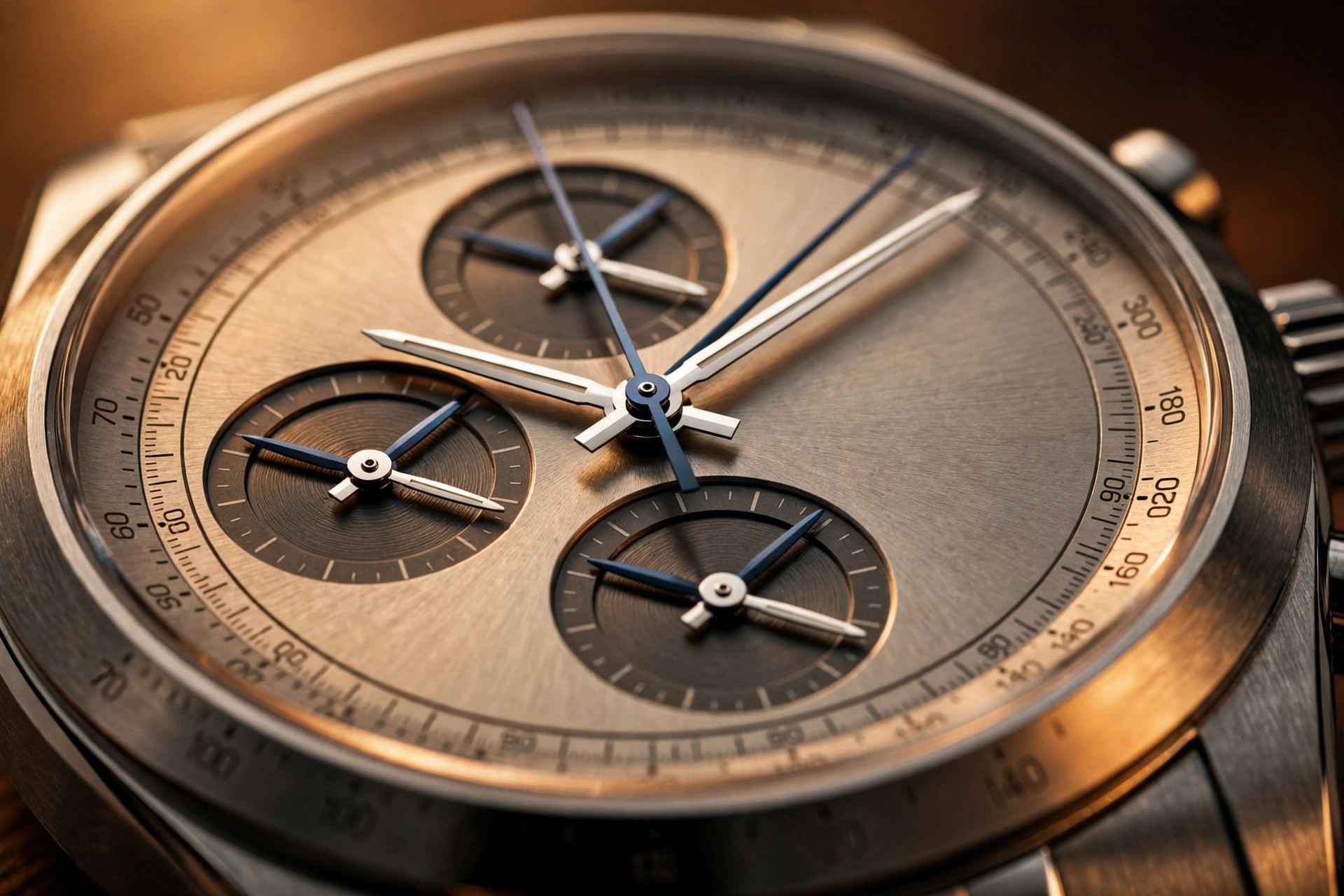Editorial macro photograph in warm amber light of a platinum chronograph dial with dark grey subdials, showing paired heat-blued rattrapante hands riding directly over their rhodiumed chronograph counterparts beneath a tachymeter ring