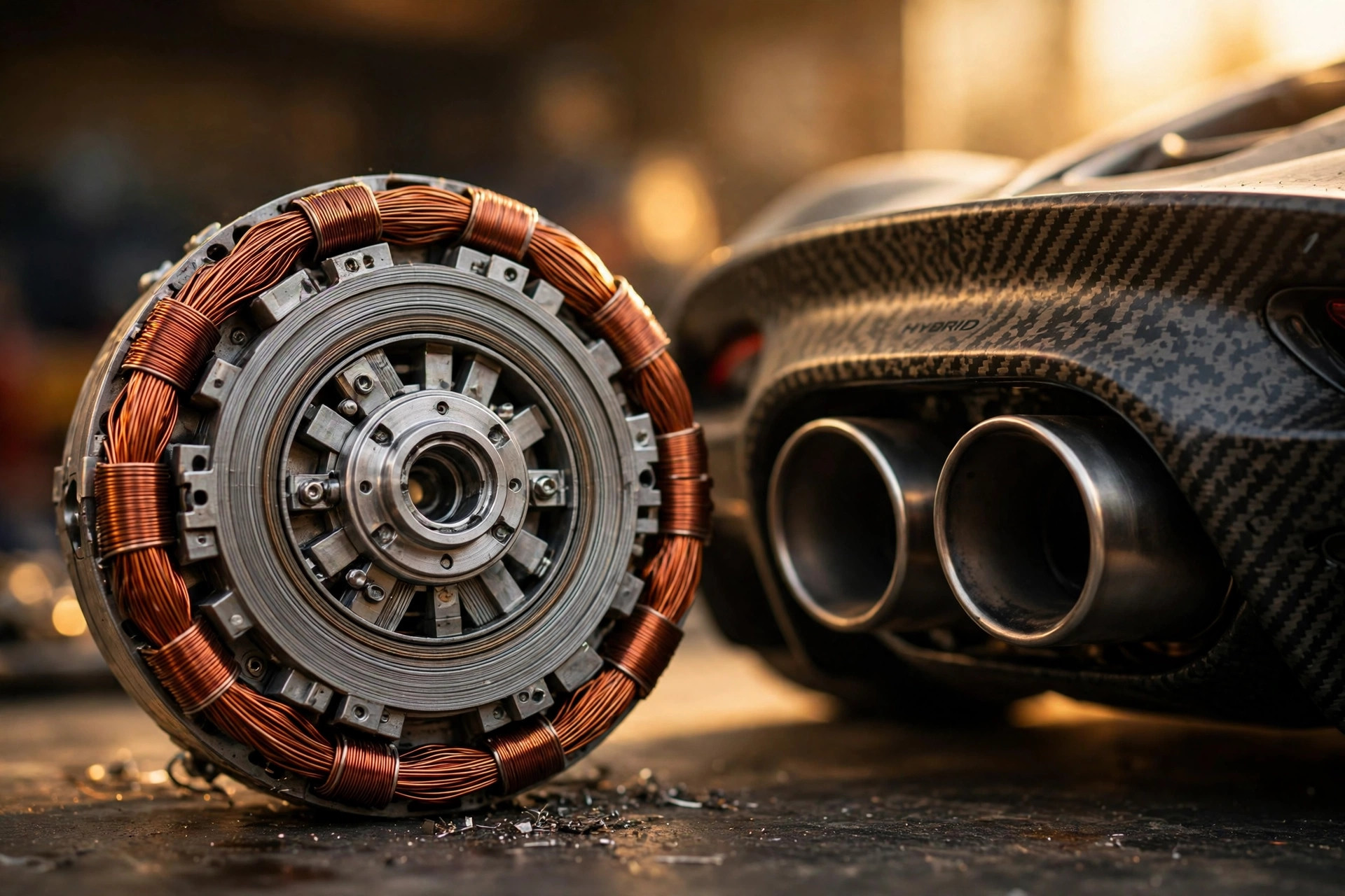 Editorial macro photograph in warm amber light of a compact axial-flux electric motor with exposed copper windings beside a forged carbon-fibre supercar rear bumper with twin round exhaust outlets