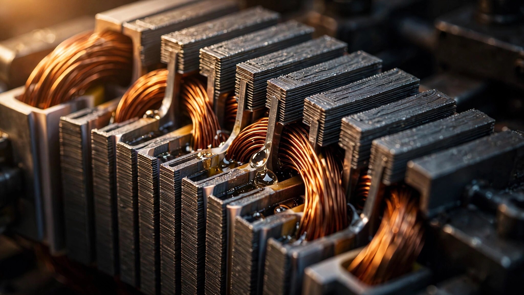 Macro photograph of an electric motor stator with copper wave windings between steel lamination teeth showing oil cooling channels