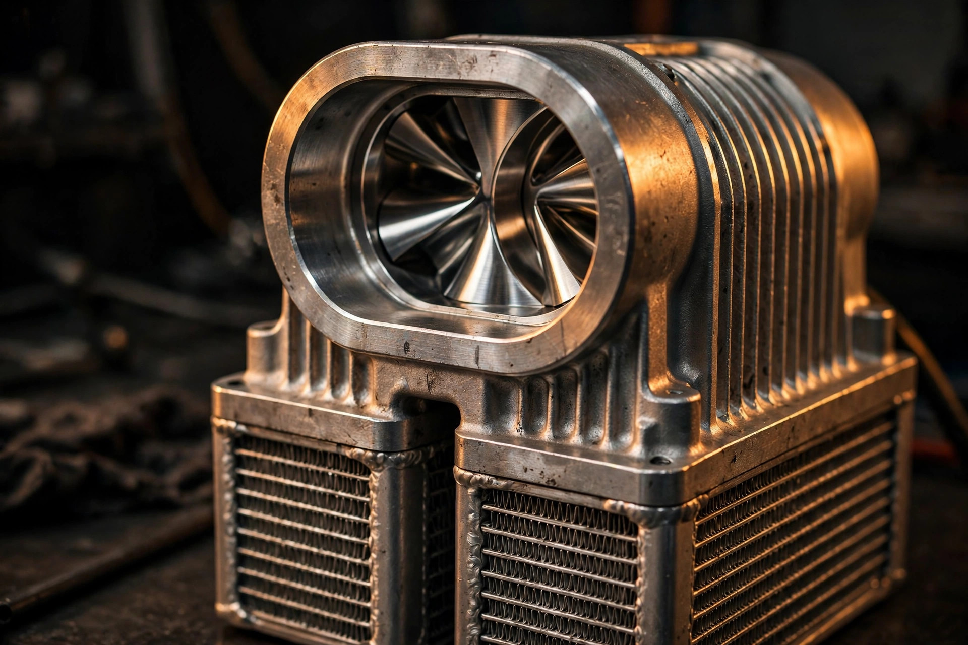 Editorial macro photograph in warm amber light of a Roots-type supercharger housing with split intercooler bricks, machined aluminum case glowing, heat shimmer rising off the fins