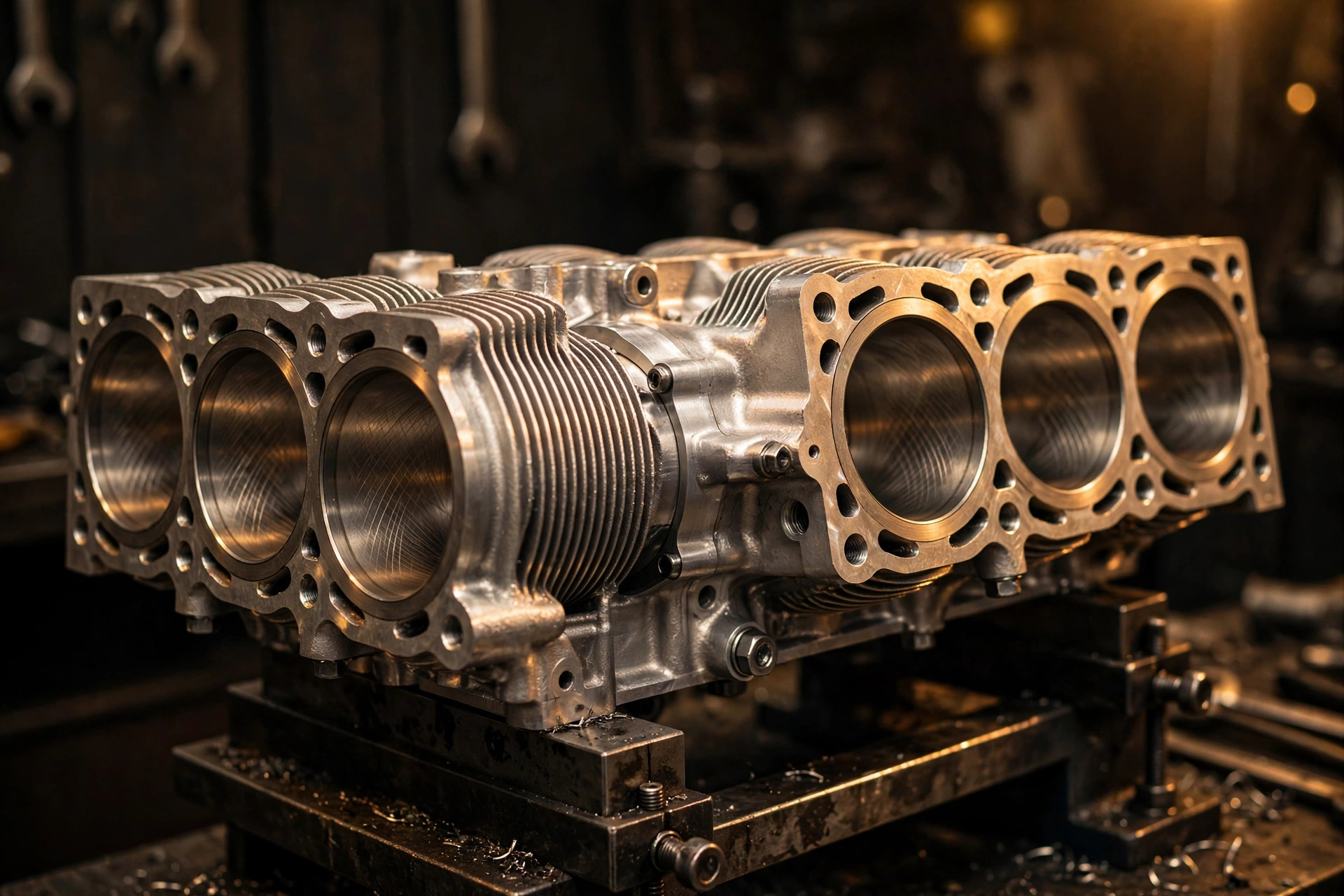 Editorial macro photograph in warm amber light of a flat-six racing engine block on a machine-shop stand: freshly bored cylinder bores with visible cross-hatch honing marks, finned cylinder barrels, polished metal glowing against a dark workshop background