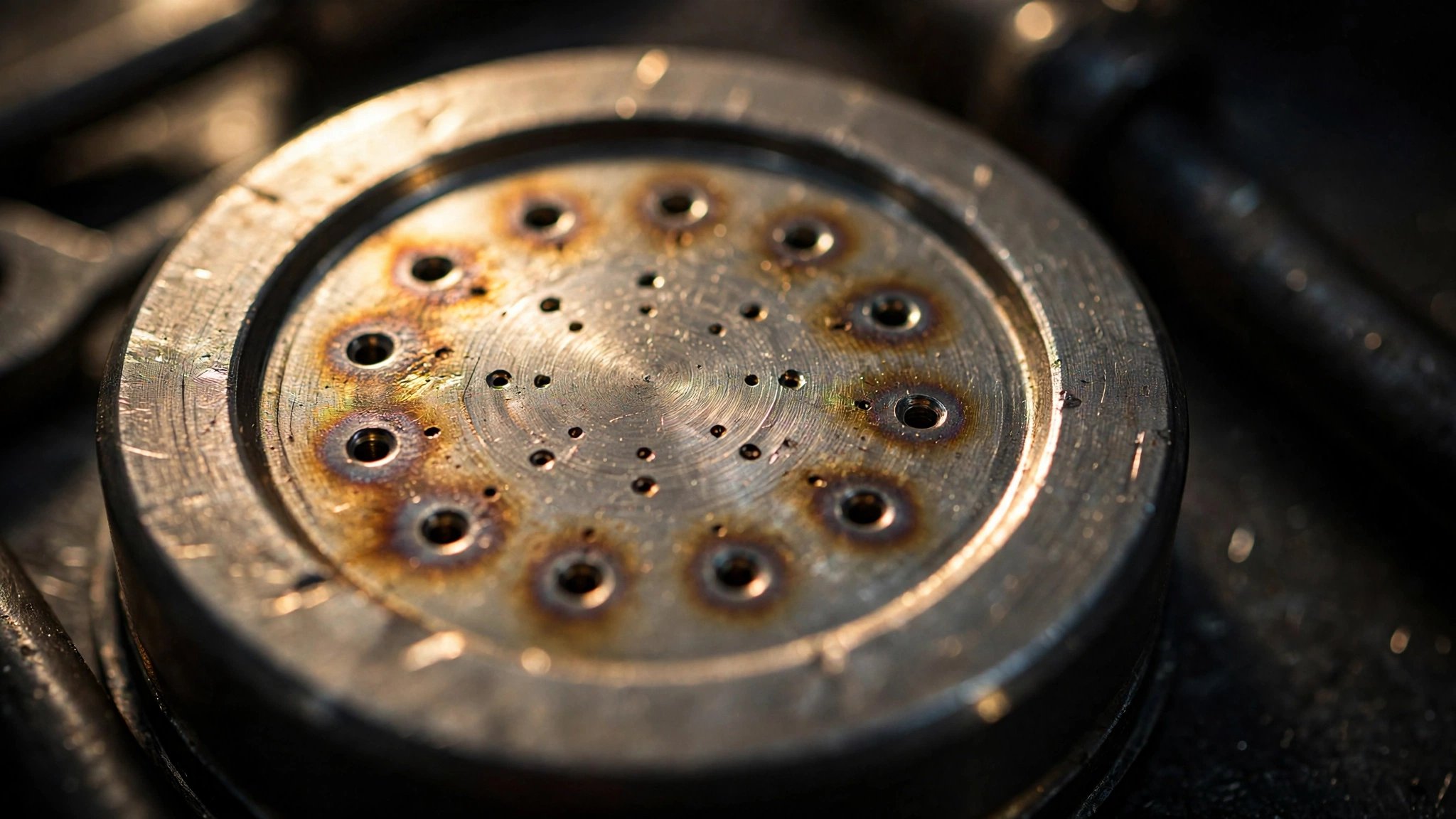 Extreme macro photograph of a pre-chamber combustion cap showing laser-drilled orifice holes against warm workshop lighting