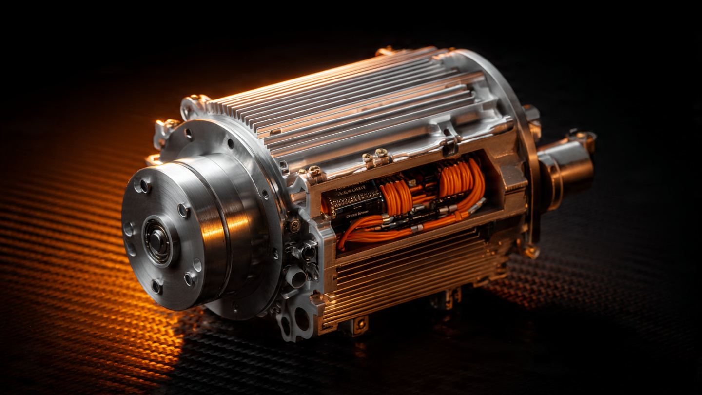 McLaren W1 E-module hybrid unit showing radial flux electric motor and integrated SiC motor control unit, mounted to 8-speed dual-clutch transmission