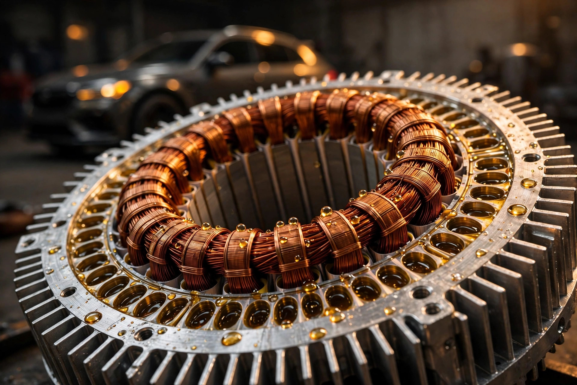 Editorial macro photograph in warm amber light of an axial-flux electric motor stator and pancake motor housing with copper windings and cooling oil galleries visible, dark performance SUV silhouette blurred in the background