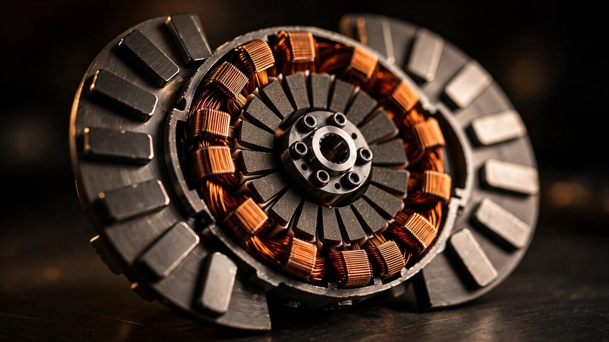 YASA axial flux motor cross-section showing dual rotor and segmented stator architecture