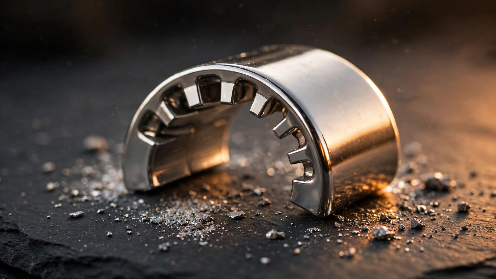 Macro photograph of a metallic glass motor component emerging from a laser powder bed 3D printer, showing layered amorphous alloy structure with warm amber lighting