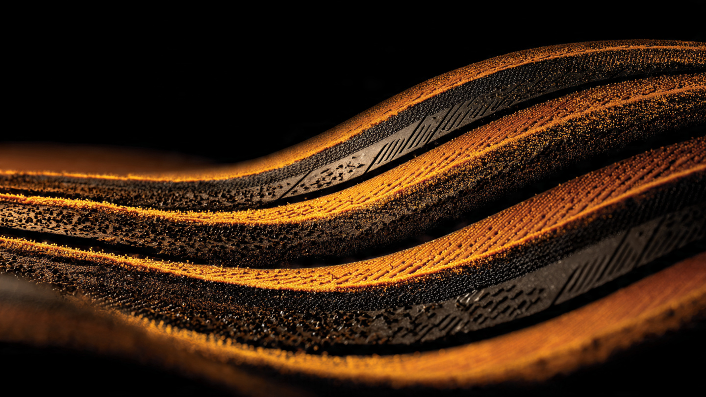 Macro photograph of a high-performance tire compound cross-section showing layered rubber zones with textured tread surface detail under warm golden studio lighting