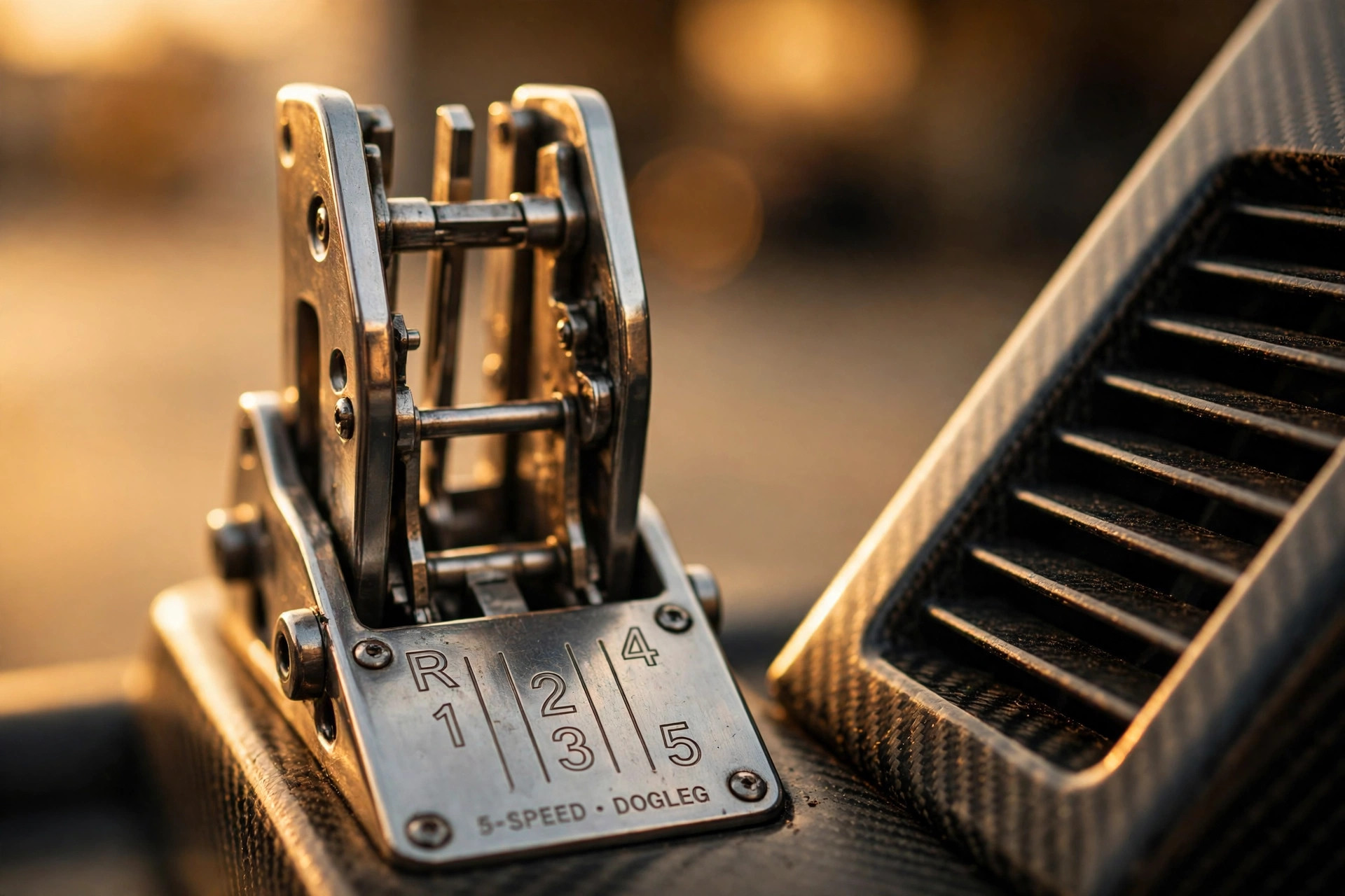 Editorial macro photograph in warm amber light of an exposed polished metal gated gear shifter with a five-speed dogleg pattern plate, beside a wedge-shaped carbon-fibre sports car bodywork edge with a louvered vent