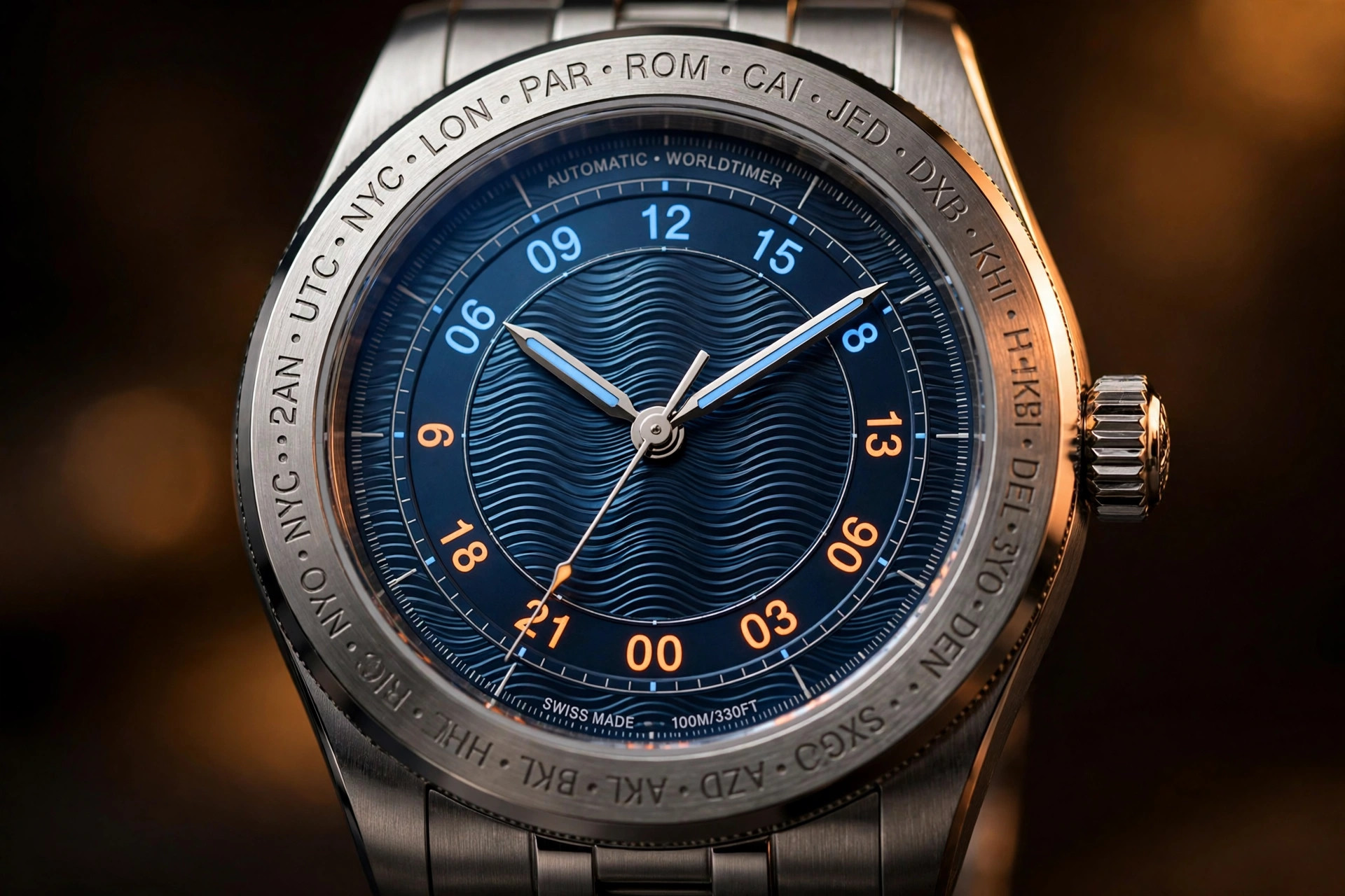 Editorial macro photograph of the Ming 57.05 Comet worldtimer with blue moiré interference dial and split DST city bezel, warm directional studio lighting