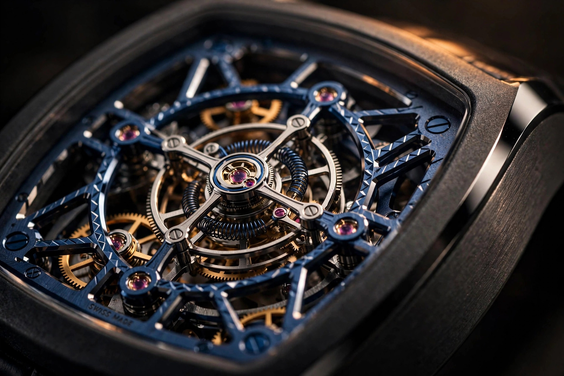 Macro view of a skeletonized tourbillon cage with twin blue hairsprings in an anthracite ceramic case