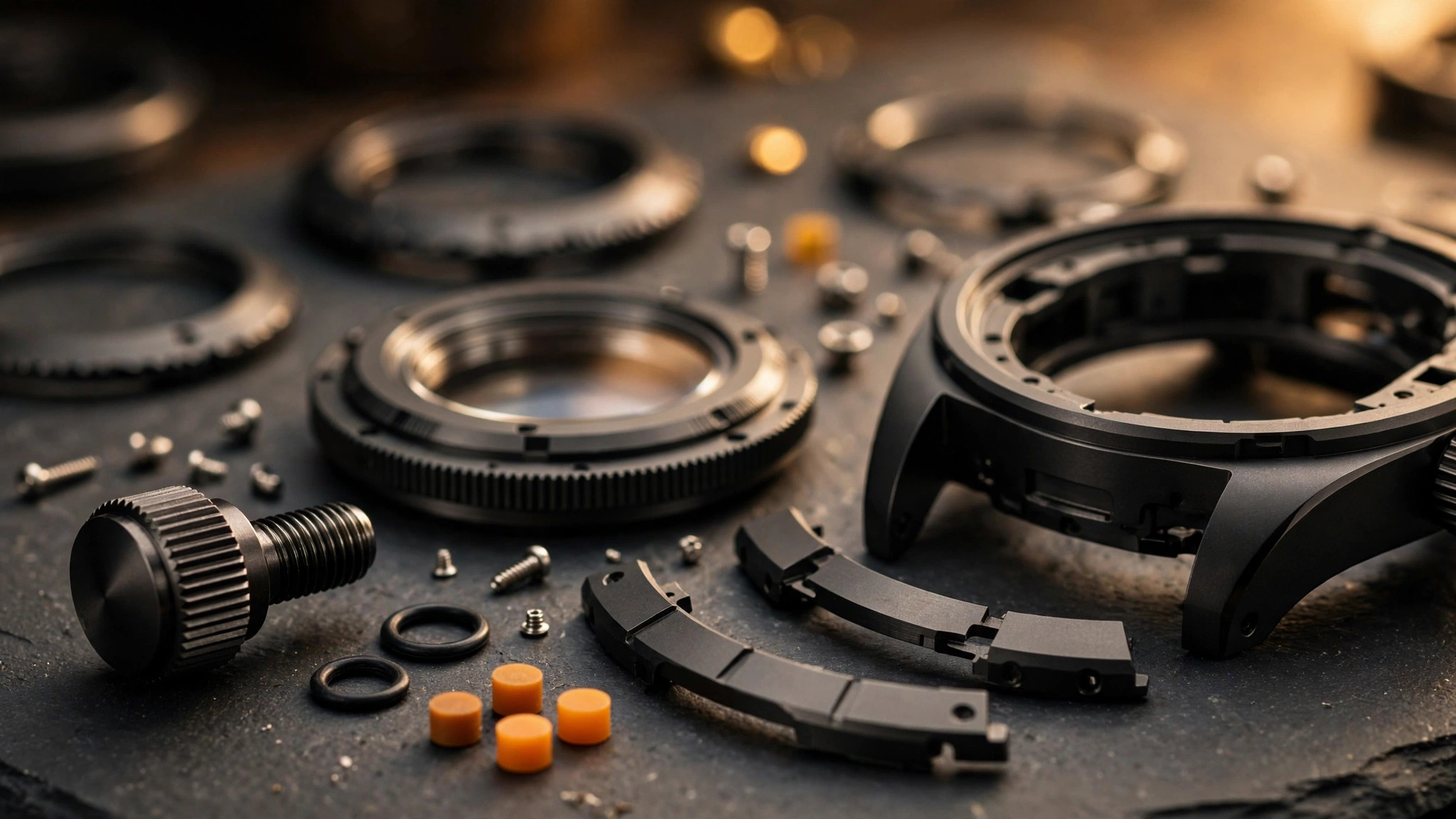 Macro photograph of disassembled DLC-coated titanium watch components on a dark slate surface