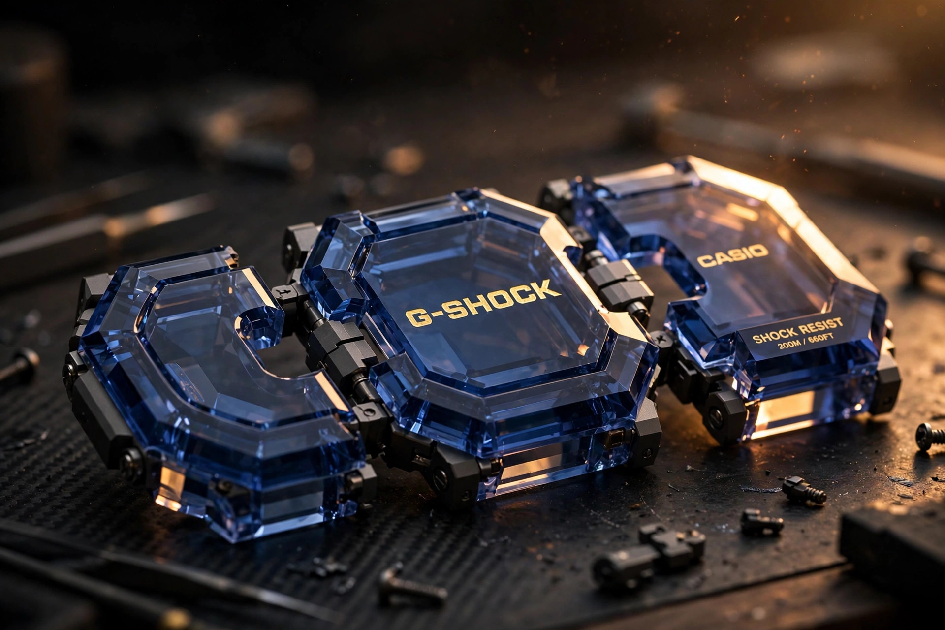 Editorial macro photograph in warm amber light of interlocking blue sapphire crystal bezel components of a square G-Shock: deep blue transparent crystal segments with polished facets, 24-karat gold lettering, and titanium joints glowing against a dark background