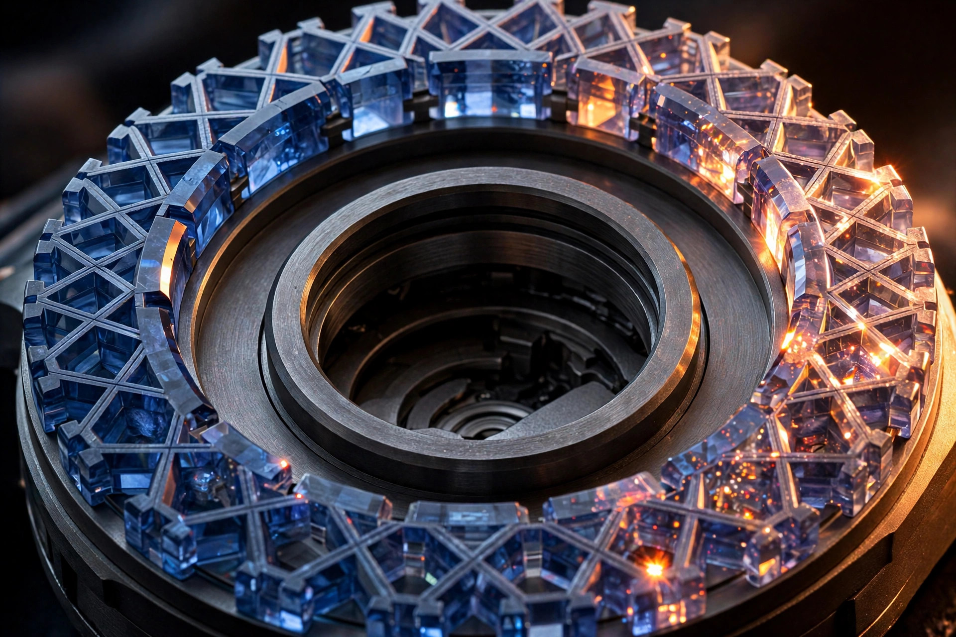 Editorial macro photograph in warm amber light of a blue sapphire watch bezel component with interlocking kigumi-style joinery edges, translucent blue corundum glowing against a dark titanium inner case, diamond-cut facets catching fire