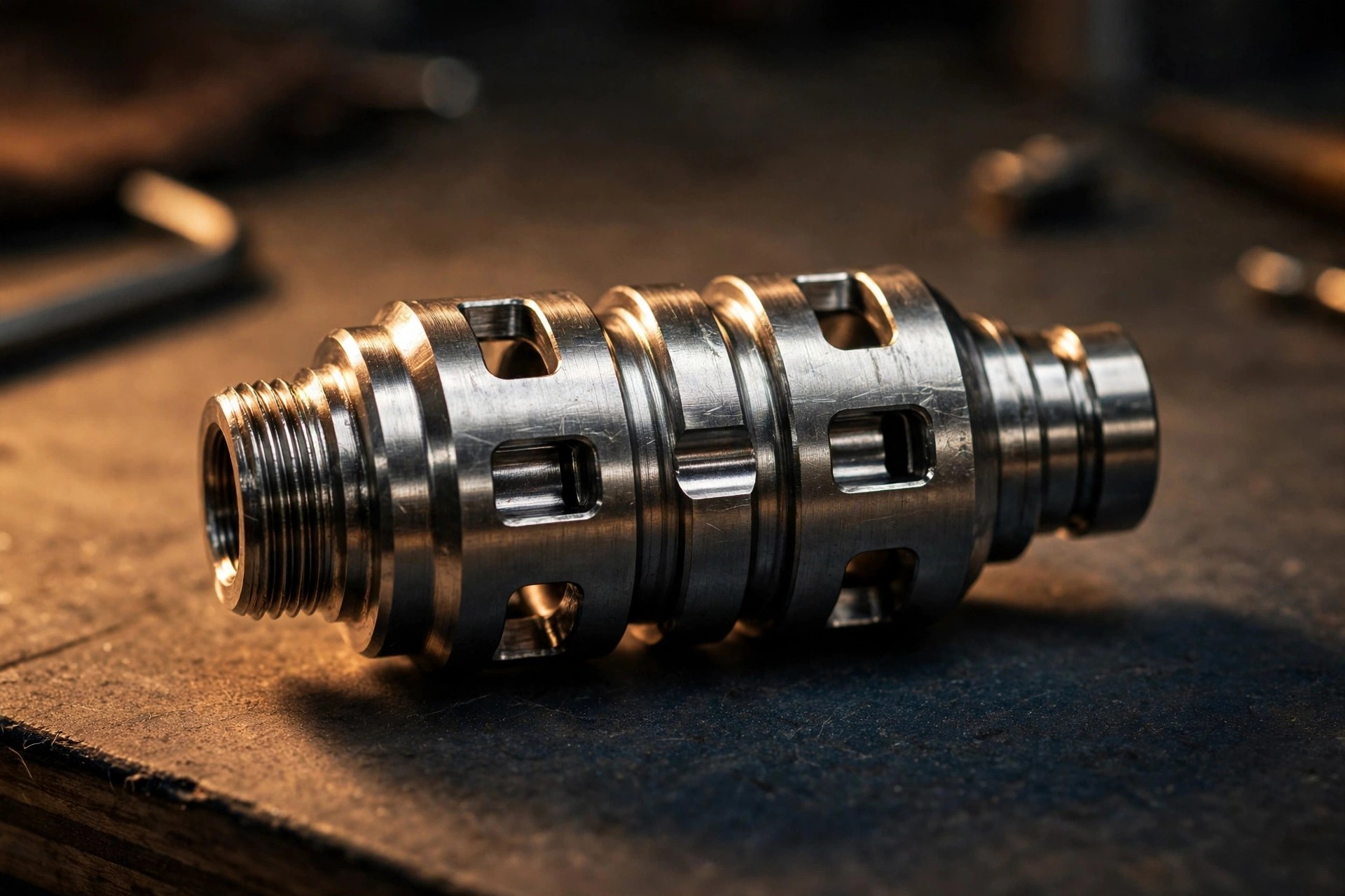 Macro photograph of a precision-machined spool valve damper cartridge with circumferential ports visible under warm directional workshop lighting