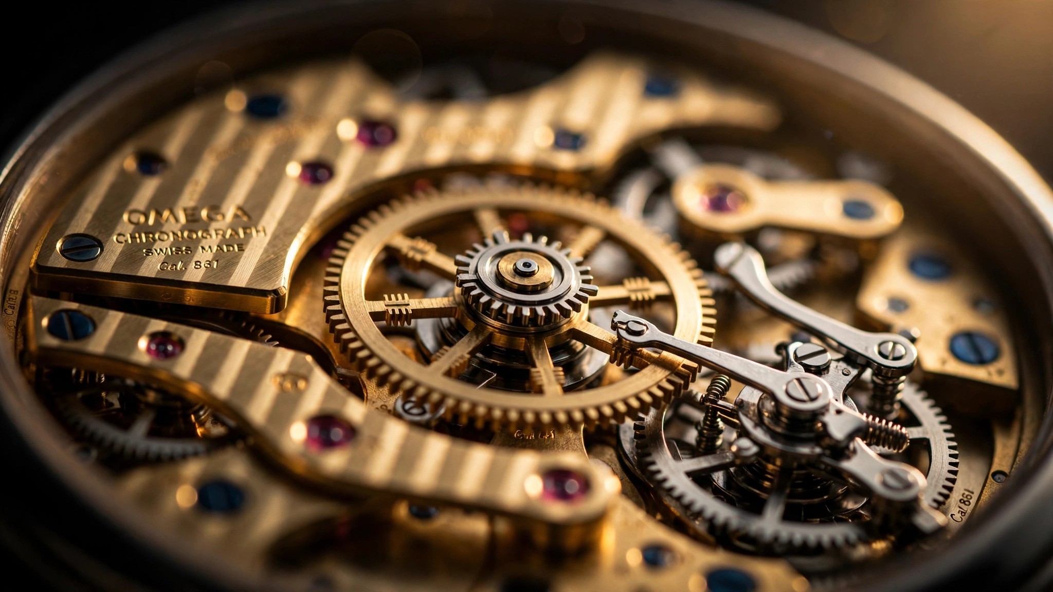 Macro photograph of a vintage Omega chronograph movement showing the column wheel and lateral coupling clutch with warm directional light catching polished steel surfaces