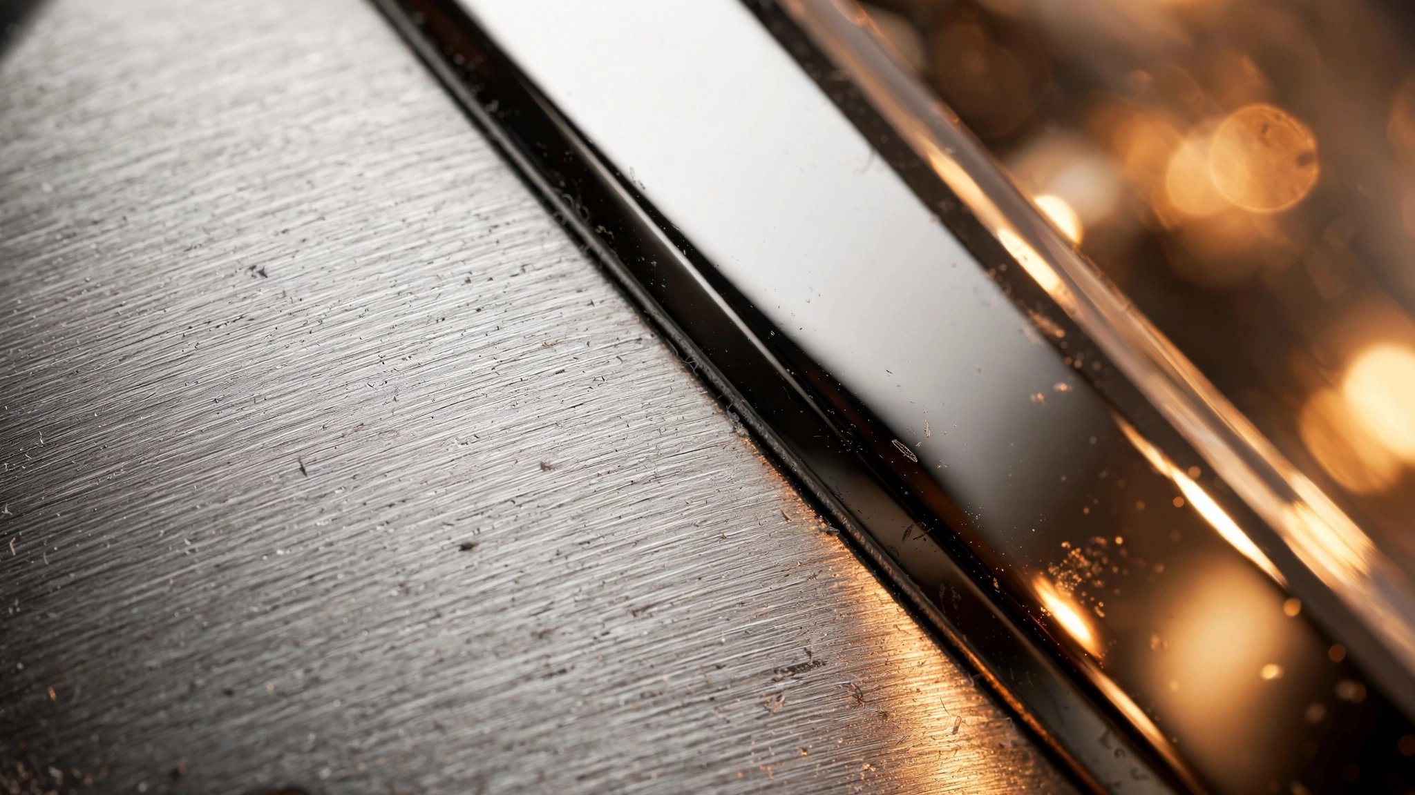 Macro photograph of a polished stainless steel watch case surface showing fine-grained microstructure and mirror-like reflections under directional warm lighting