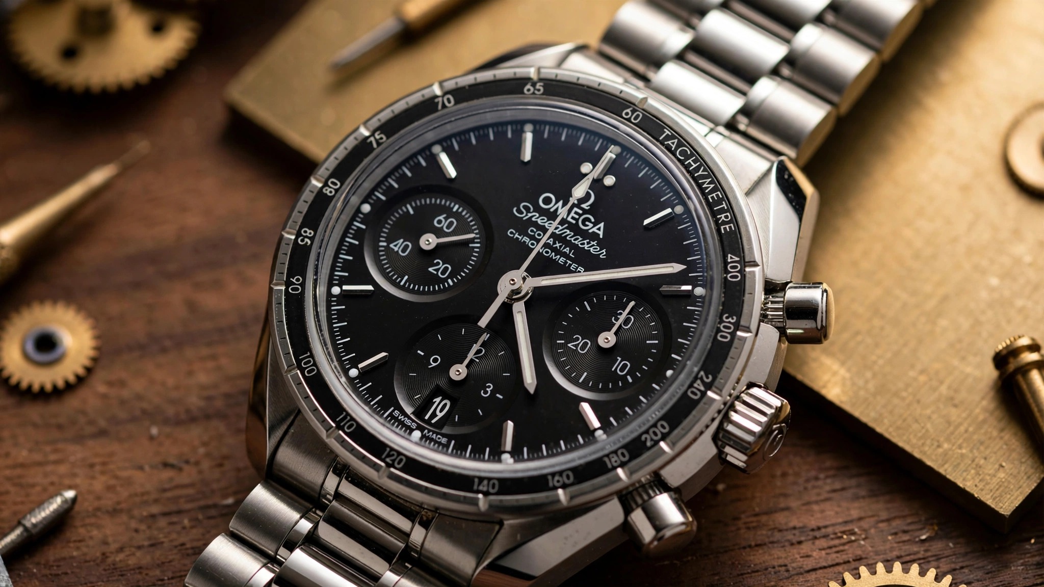 Close-up macro photograph of Omega Speedmaster 38mm black dial with round subdials, tachymeter bezel with dot over ninety, five-link bracelet under warm studio lighting