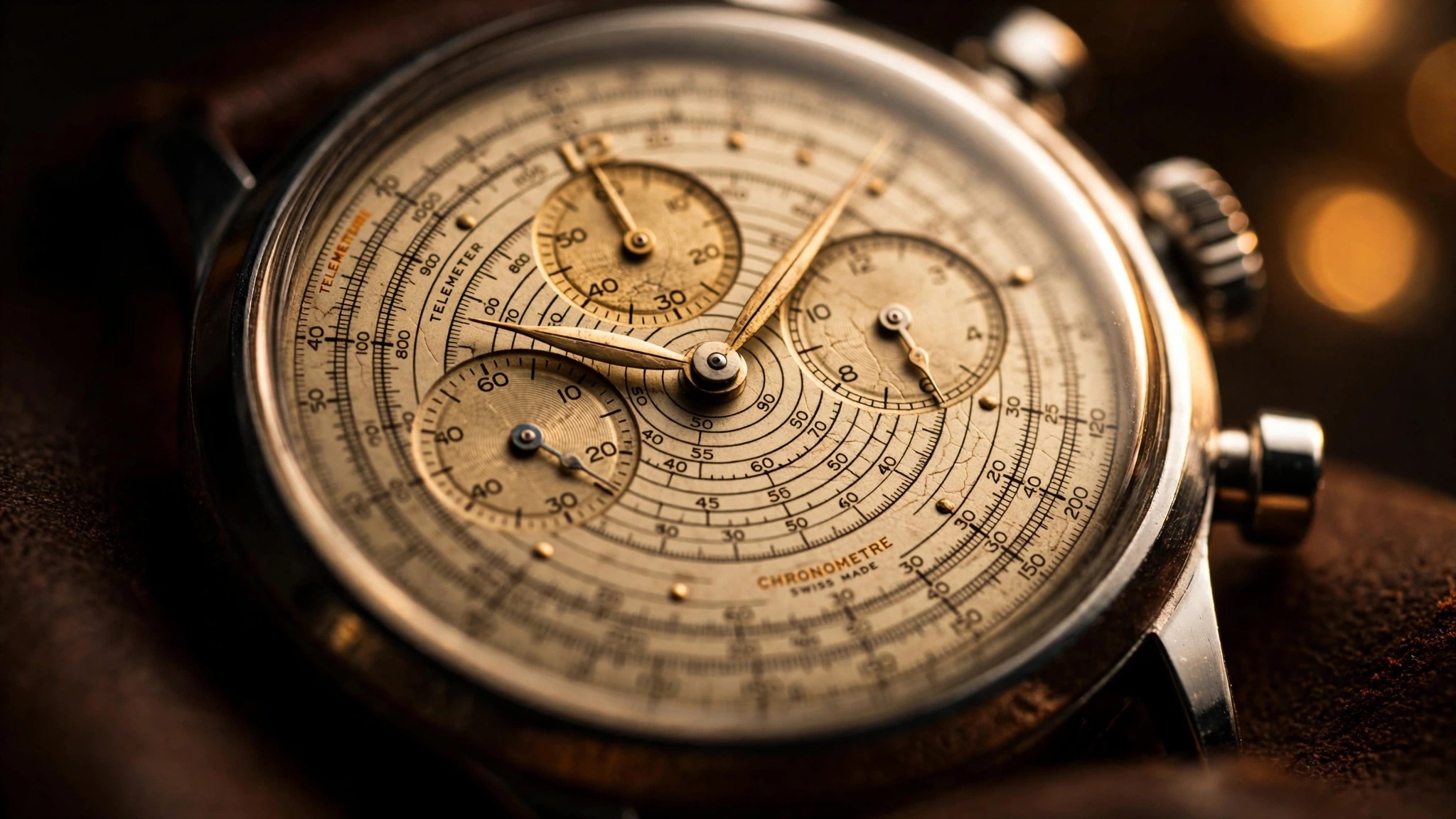 Macro photograph of a chronograph dial showing concentric tachymeter, telemeter, and pulsometer scales with warm editorial lighting